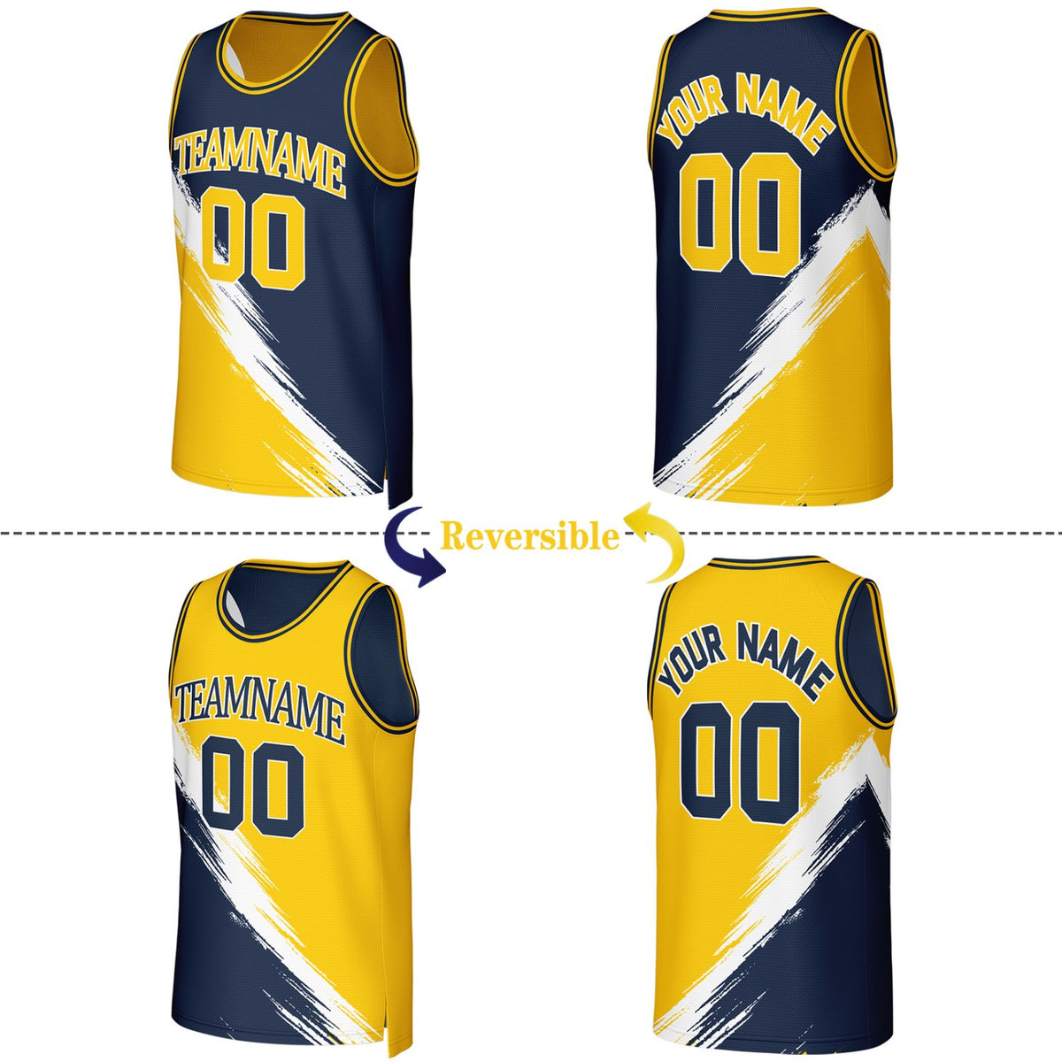 Custom Navy & Yellow Brush Stroke Reversible Basketball Jersey | Personalized Team Uniforms for Adult & Youth