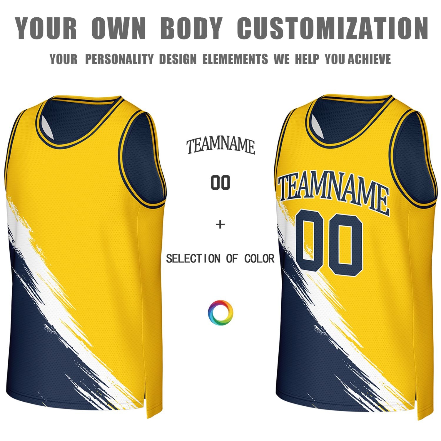 Custom Navy & Yellow Brush Stroke Reversible Basketball Jersey | Personalized Team Uniforms for Adult & Youth