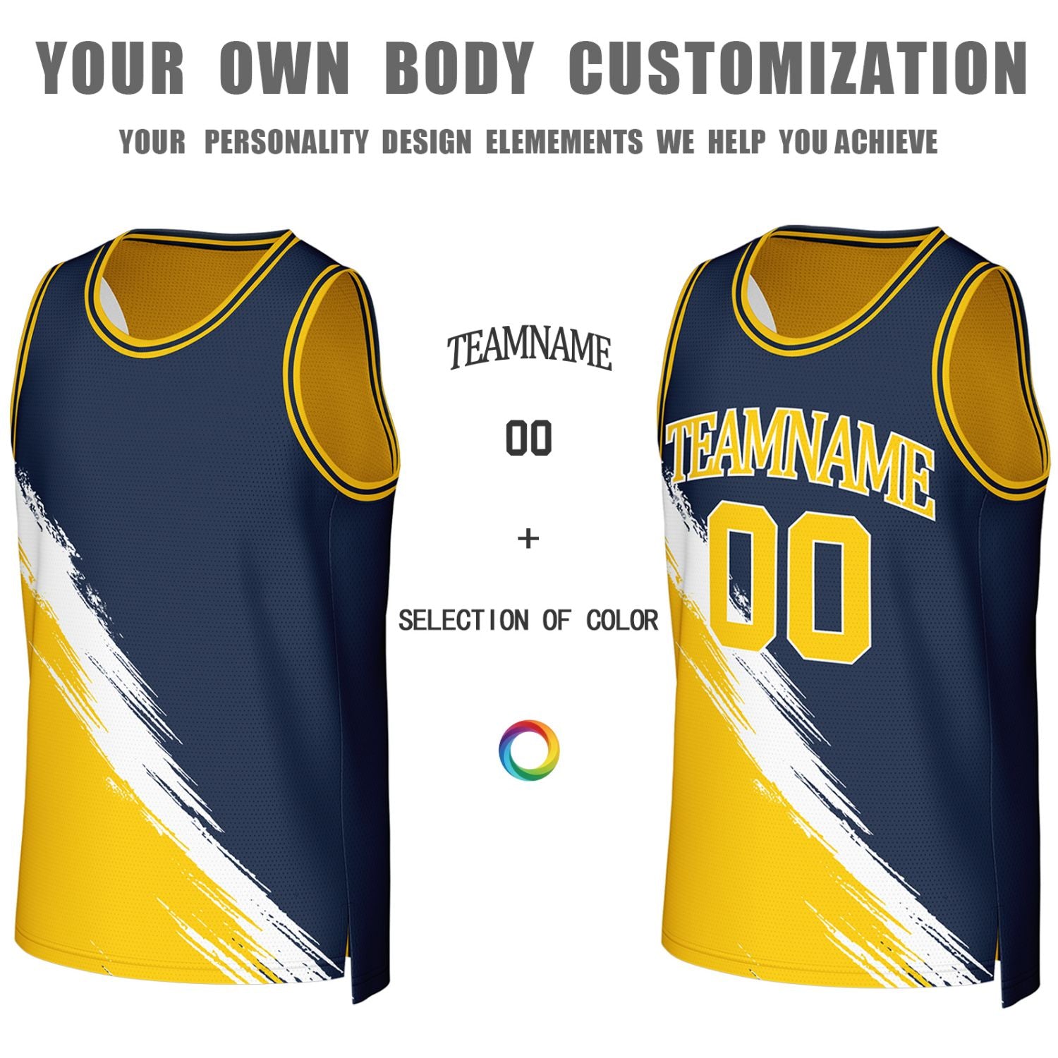 Custom Navy & Yellow Brush Stroke Reversible Basketball Jersey | Personalized Team Uniforms for Adult & Youth