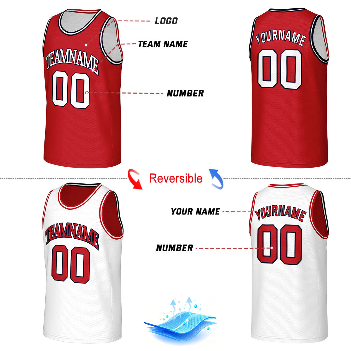 Custom Classic Double Trim Reversible Basketball Jersey Red & White Mesh Team Uniform for Adult Youth