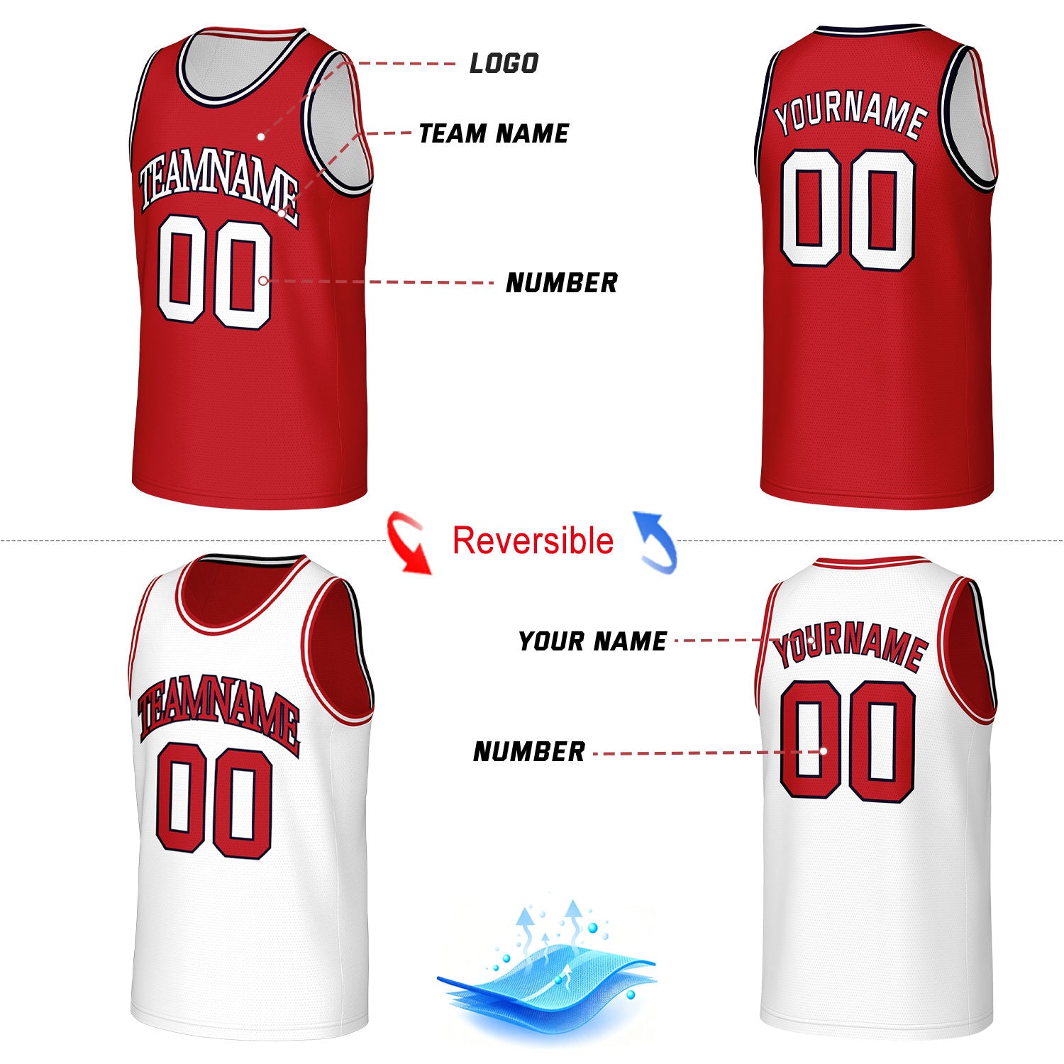 Custom Classic Double Trim Reversible Basketball Jersey Red & White Mesh Team Uniform for Adult Youth