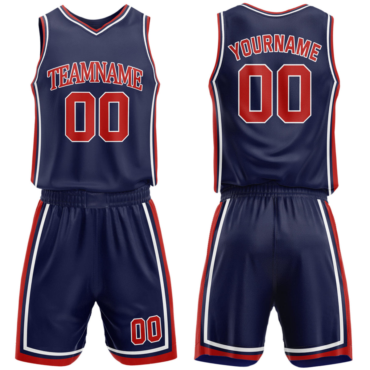 Custom high school basketball team uniforms navy‑red set by Vosoli, personalized team name, number & logo, breathable mesh jersey and shorts for high school, youth and AAU teams