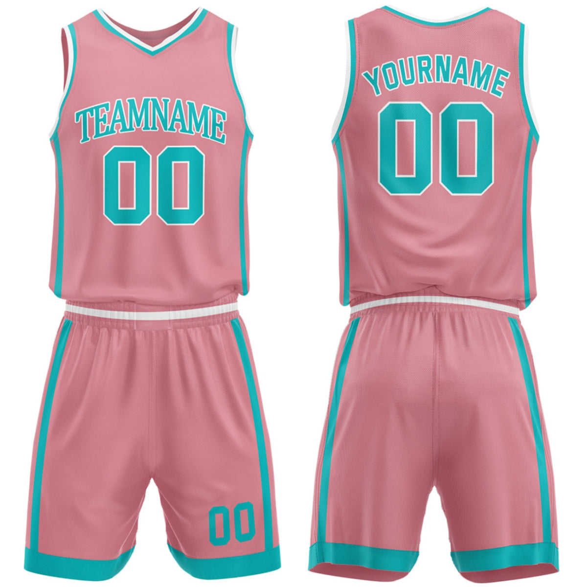 Custom high school basketball team uniforms pink‑teal set by Vosoli, personalized team name, number & logo, breathable mesh jersey and shorts for high school, youth and AAU teams