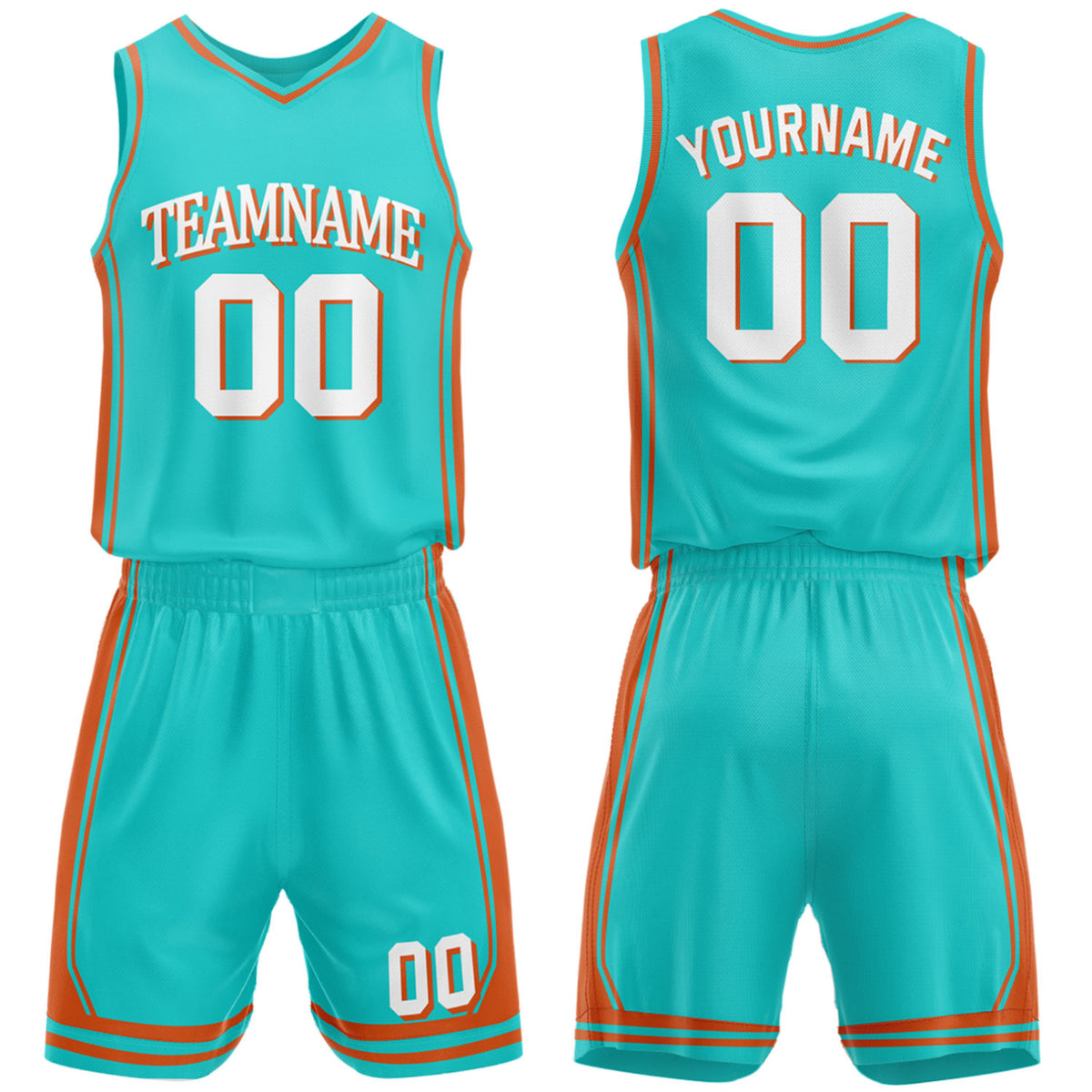 Custom high school basketball team uniforms teal‑orange set by Vosoli, personalized team name, number & logo, breathable mesh jersey and shorts for high school, youth and AAU teams