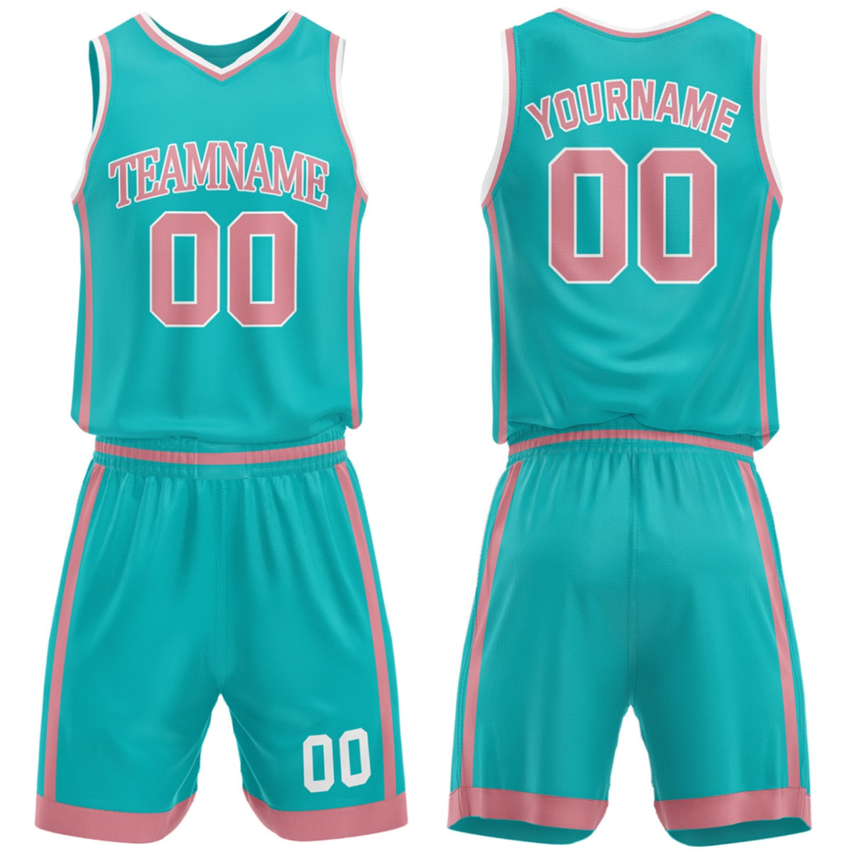 Custom high school basketball team uniforms teal‑pink set by Vosoli, personalized team name, number & logo, breathable mesh jersey and shorts for high school, youth and AAU teams