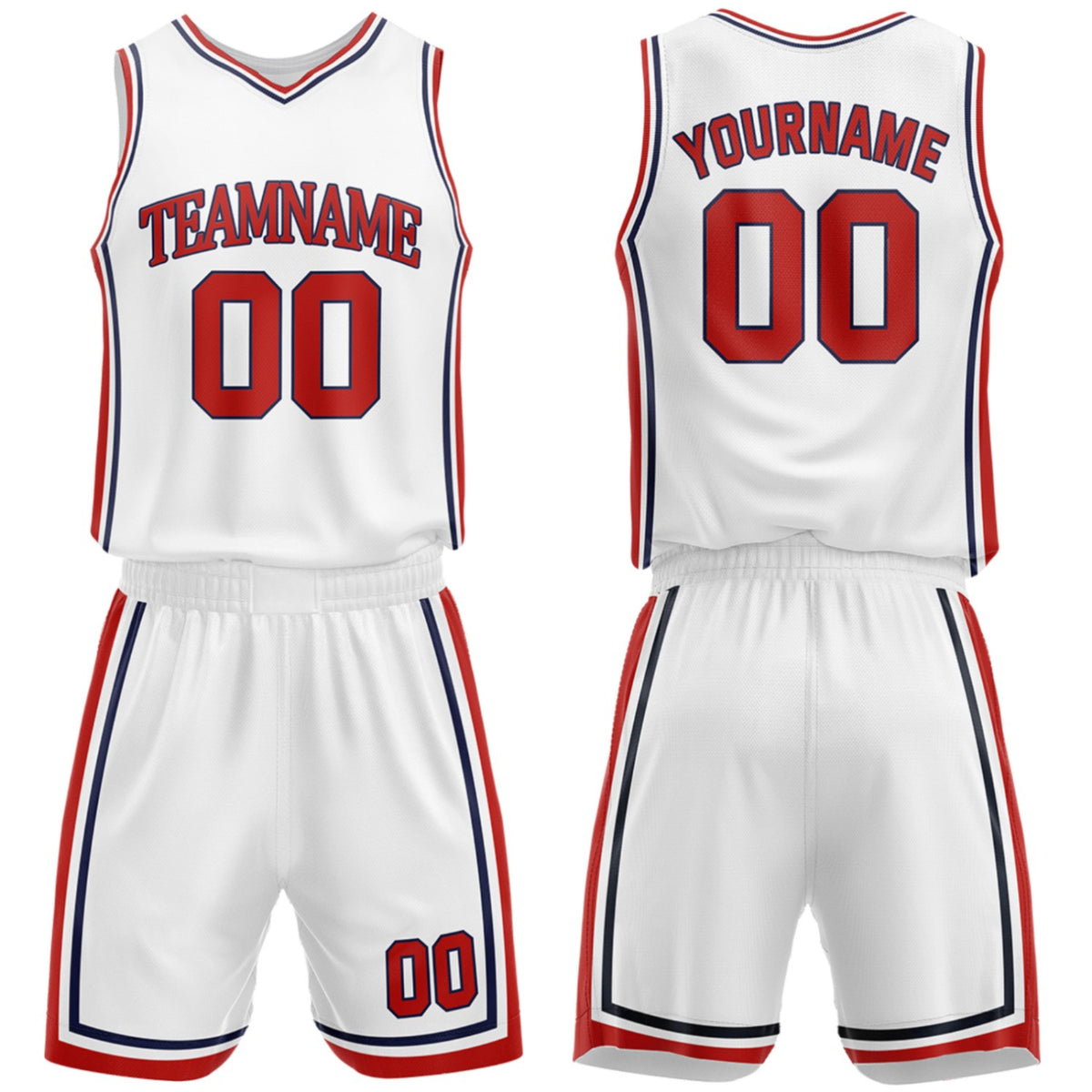 Custom high school basketball team uniforms white‑red set by Vosoli, personalized team name, number & logo, breathable mesh jersey and shorts for high school, youth and AAU teams