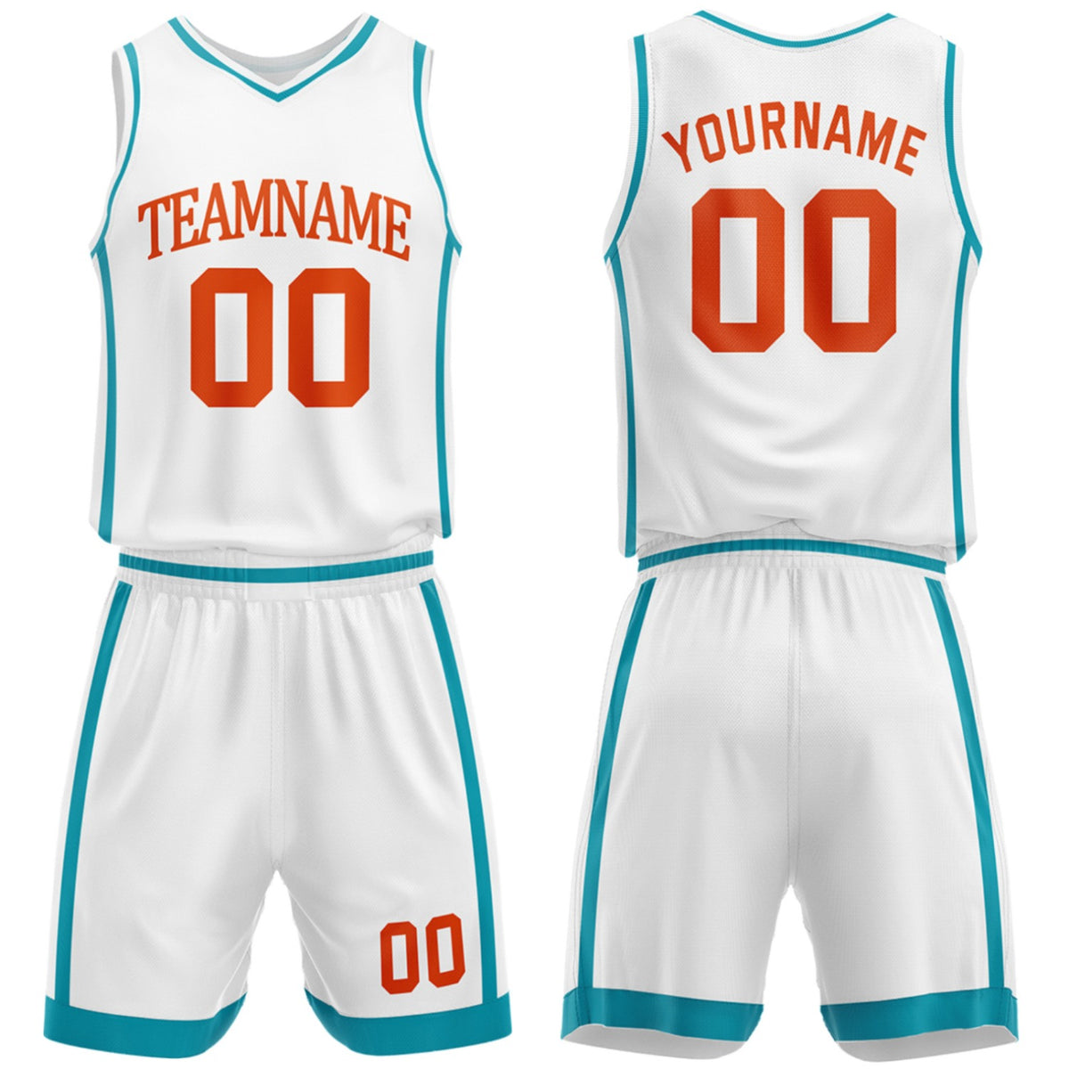 Custom high school basketball team uniforms white‑teal set by Vosoli, personalized team name, number & logo, breathable mesh jersey and shorts for high school, youth and AAU teams