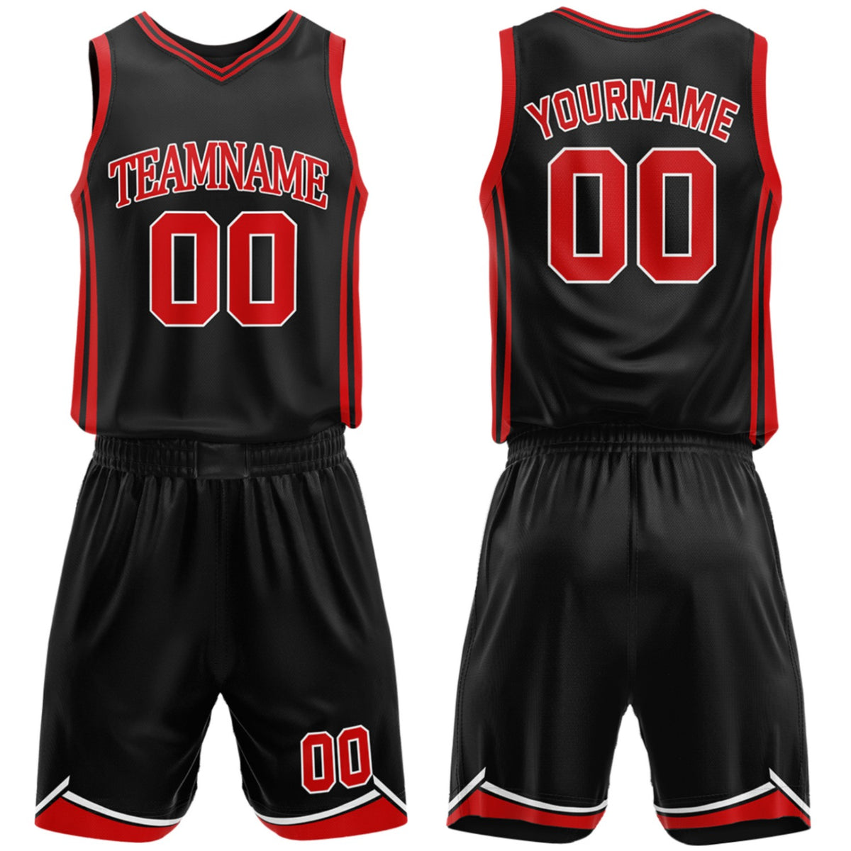 Custom high school basketball uniforms black‑red set by Vosoli, personalized team name, number & logo, breathable mesh jersey and shorts for high school, youth and AAU teams