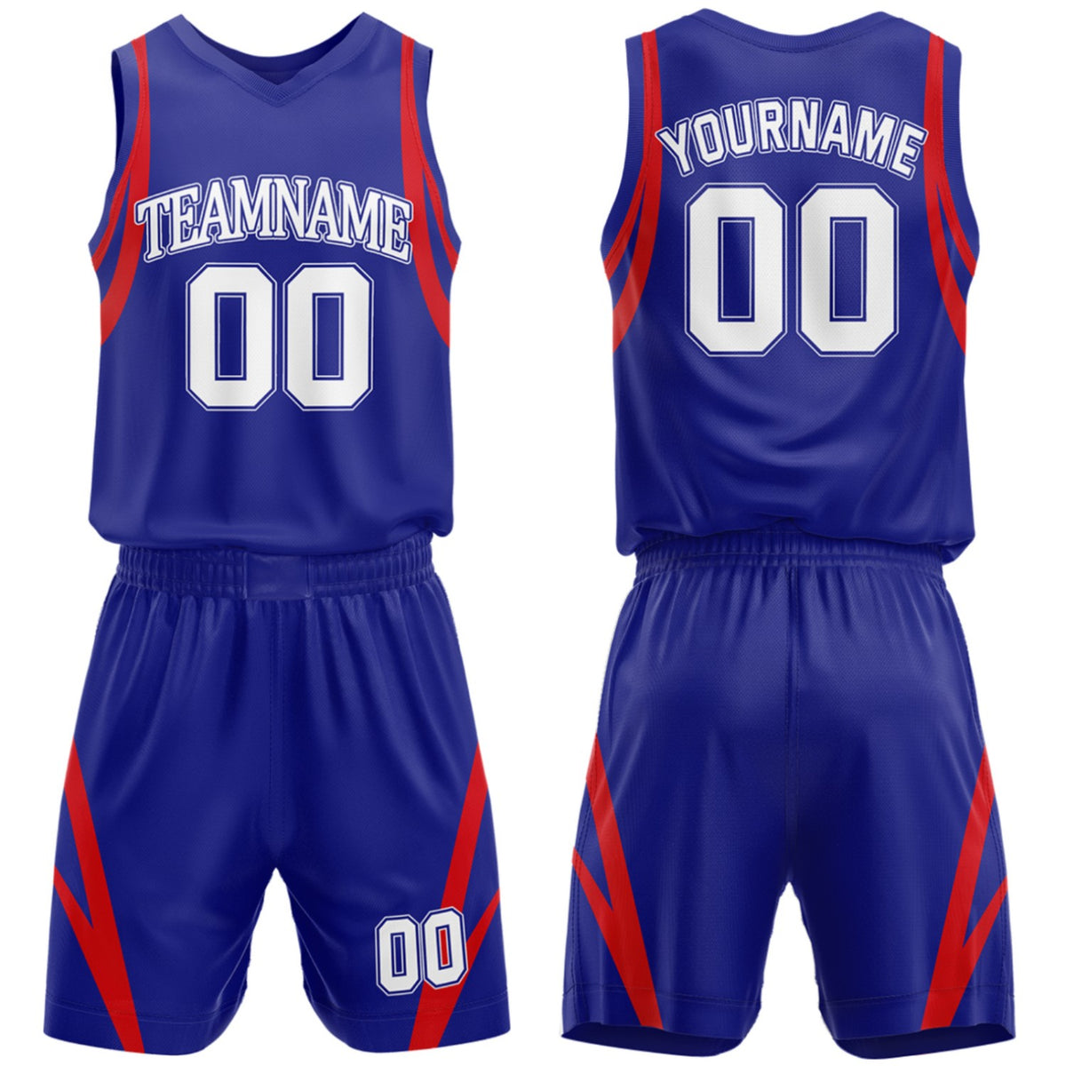 Custom high school basketball uniforms blue‑red set by Vosoli, personalized team name, number & logo, breathable mesh jersey and shorts for high school, youth and AAU teams