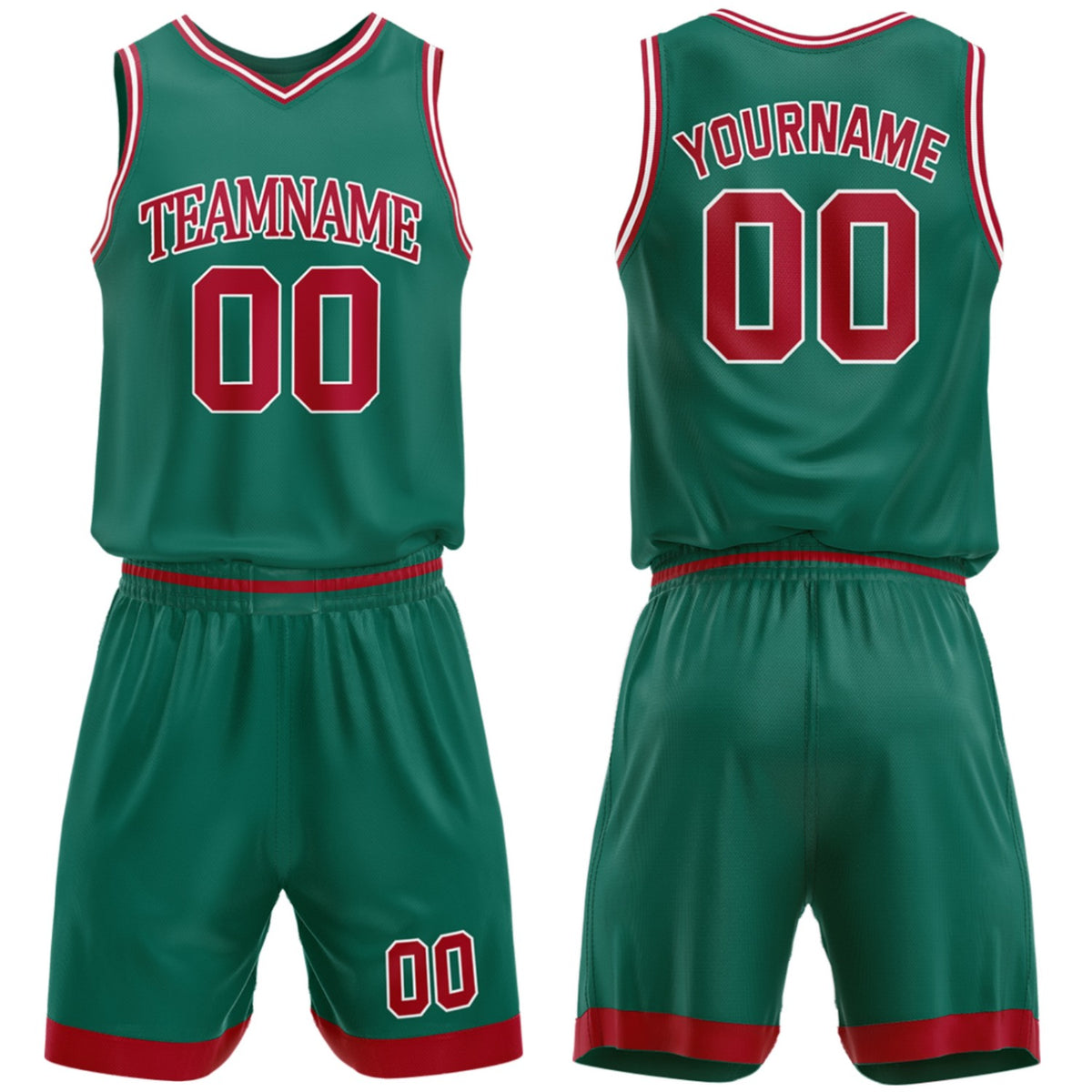 Custom high school basketball uniforms green‑red set by Vosoli, personalized team name, number & logo, breathable mesh jersey and shorts for high school, youth and AAU teams