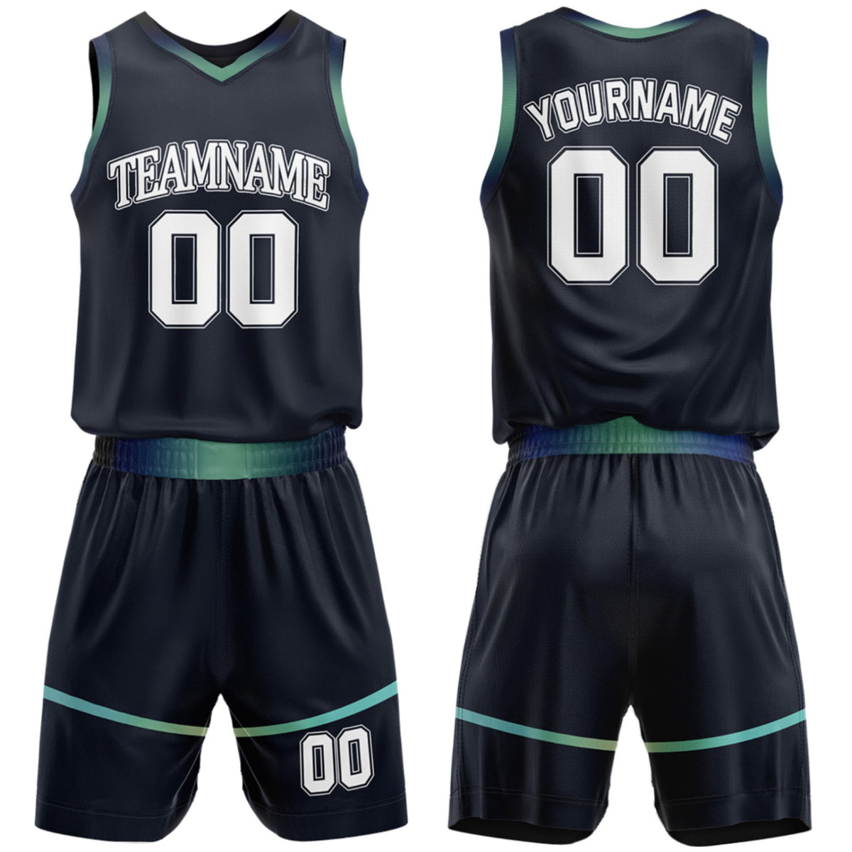 Custom high school basketball uniforms navy‑teal set by Vosoli, personalized team name, number & logo, breathable mesh jersey and shorts for high school, youth and AAU teams
