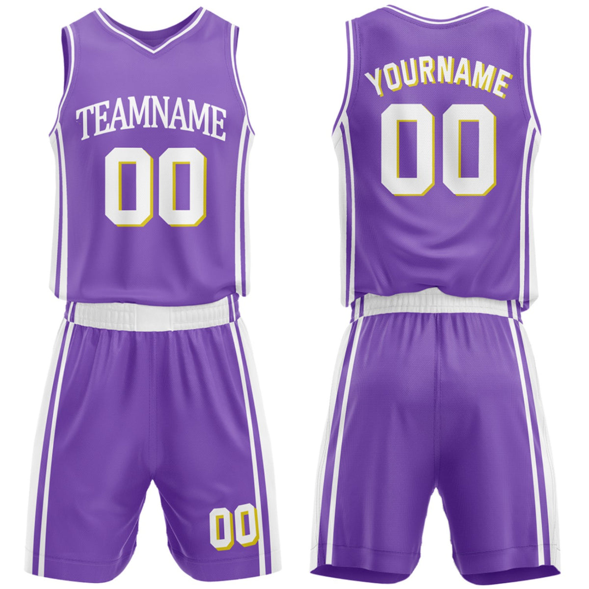 Custom high school basketball uniforms purple‑white set by Vosoli, personalized team name, number & logo, breathable mesh jersey and shorts for high school, youth and AAU teams