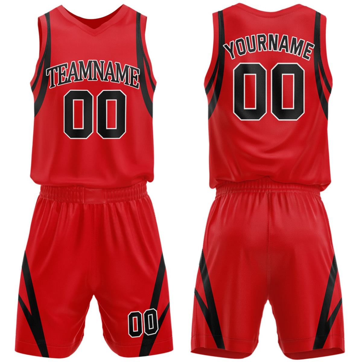 Custom high school basketball uniforms red‑black set by Vosoli, personalized team name, number & logo, breathable mesh jersey and shorts for high school, youth and AAU teams