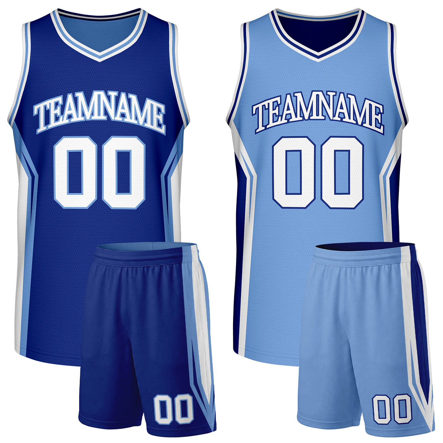Custom navy and light blue high school basketball jersey set, reversible jersey and shorts set with personalized name & number, breathable mesh for adult & youth.