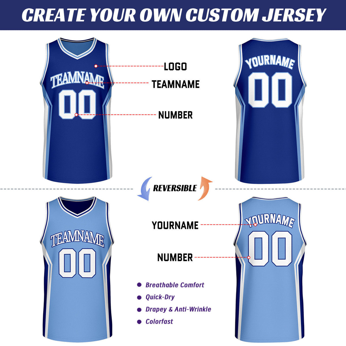 Custom Navy & Light Blue Two Sided Basketball Uniform Set | Personalized Team Uniforms for Adult & Youth
