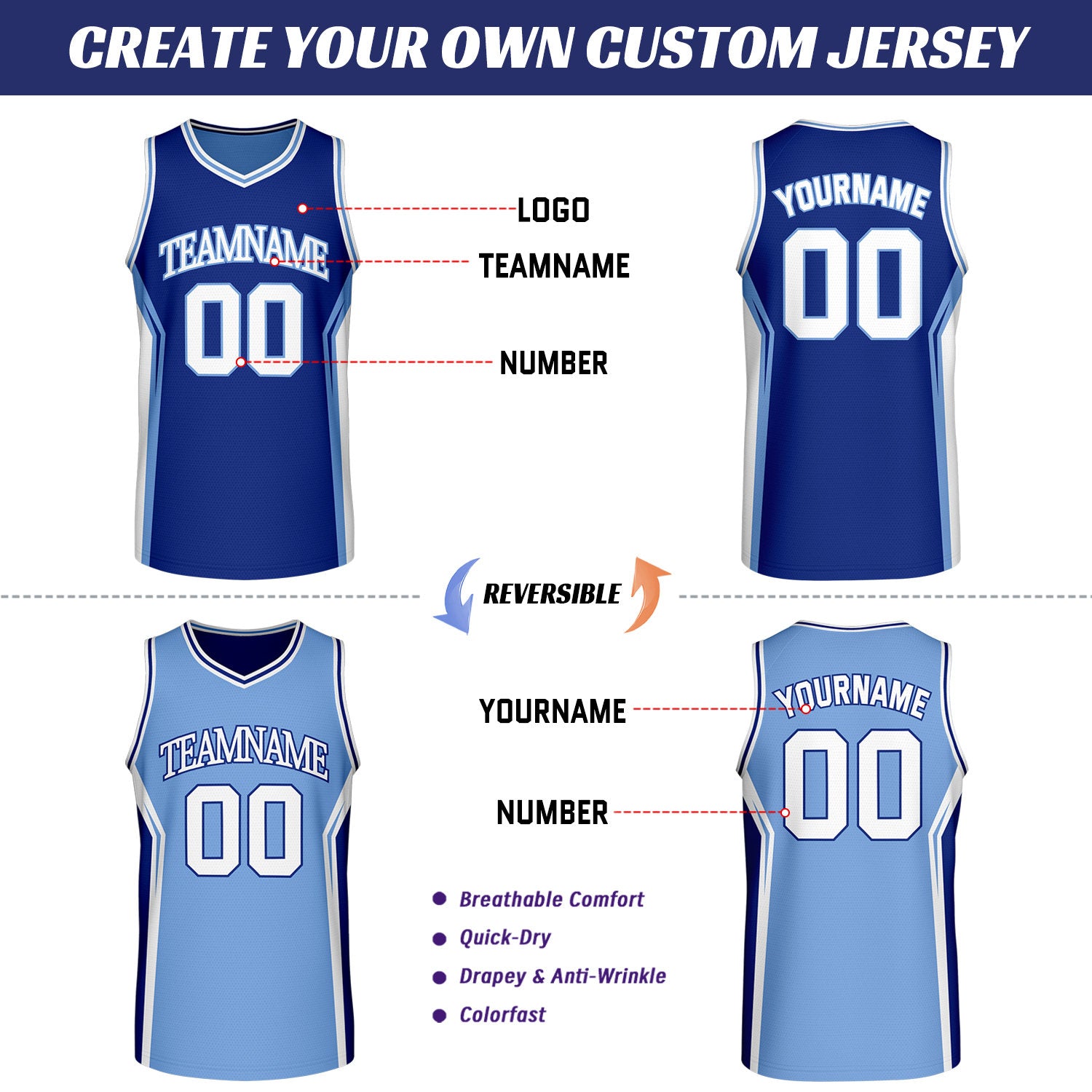 Custom Navy & Light Blue Two Sided Basketball Uniform Set | Personalized Team Uniforms for Adult & Youth