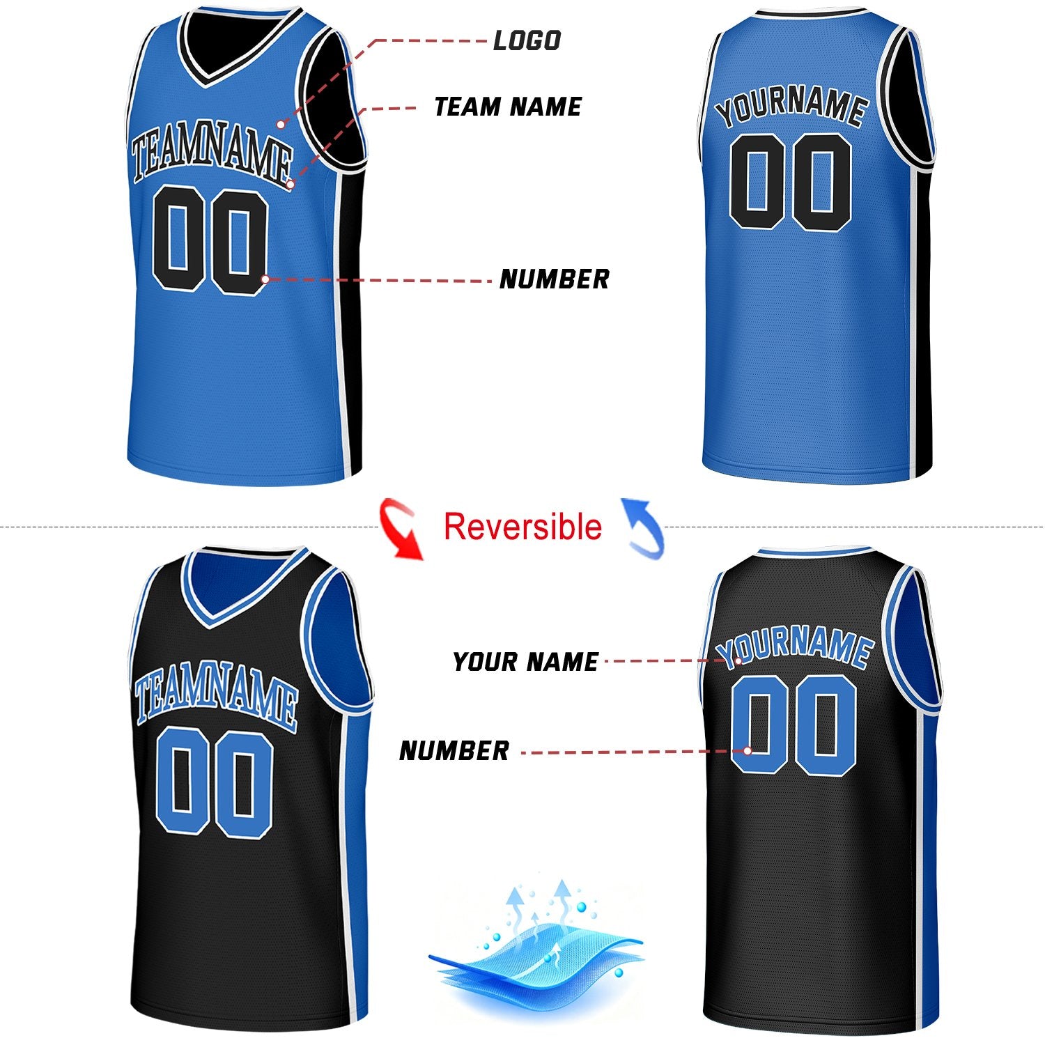 Custom Blue & Black Double Sided Basketball Uniform Set | Personalized Team Uniforms for Adult & Youth