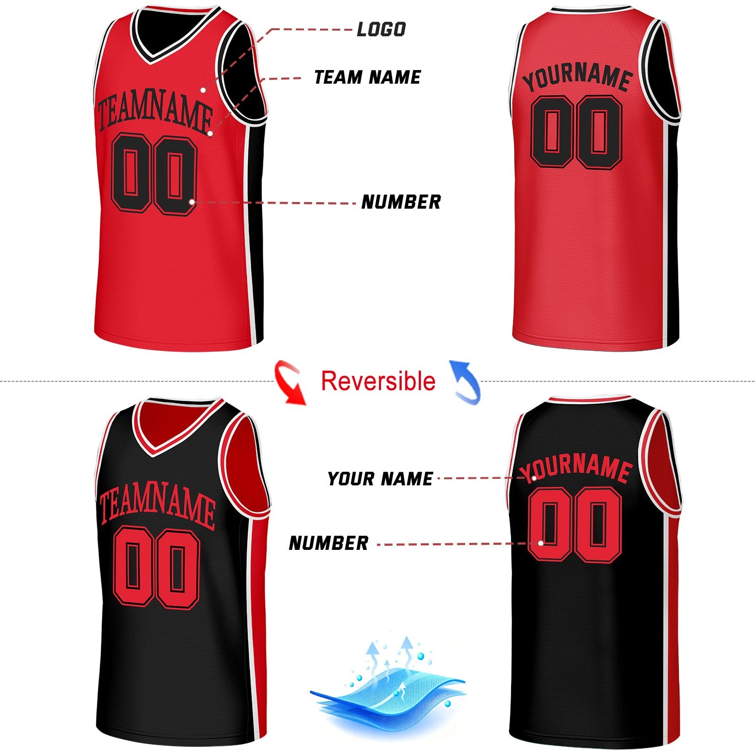 Custom Red & Black Double Sided Basketball Uniform Set | Personalized Team Uniforms for Adult & Youth
