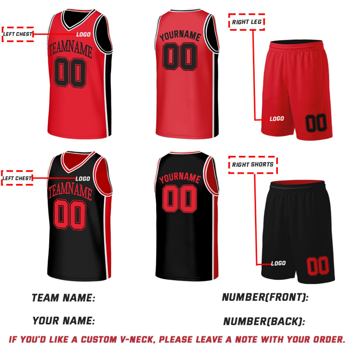Custom Red & Black Double Sided Basketball Uniform Set | Personalized Team Uniforms for Adult & Youth