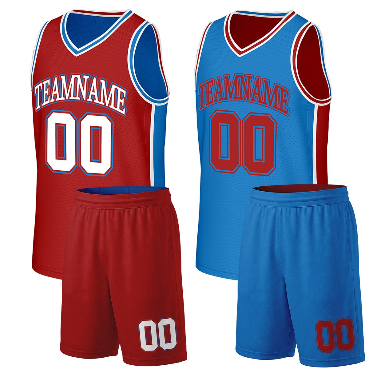 Custom high school basketball uniforms red blue reversible by Vosoli. Personalized team name, number &amp; logo. Breathable mesh. Fast delivery.