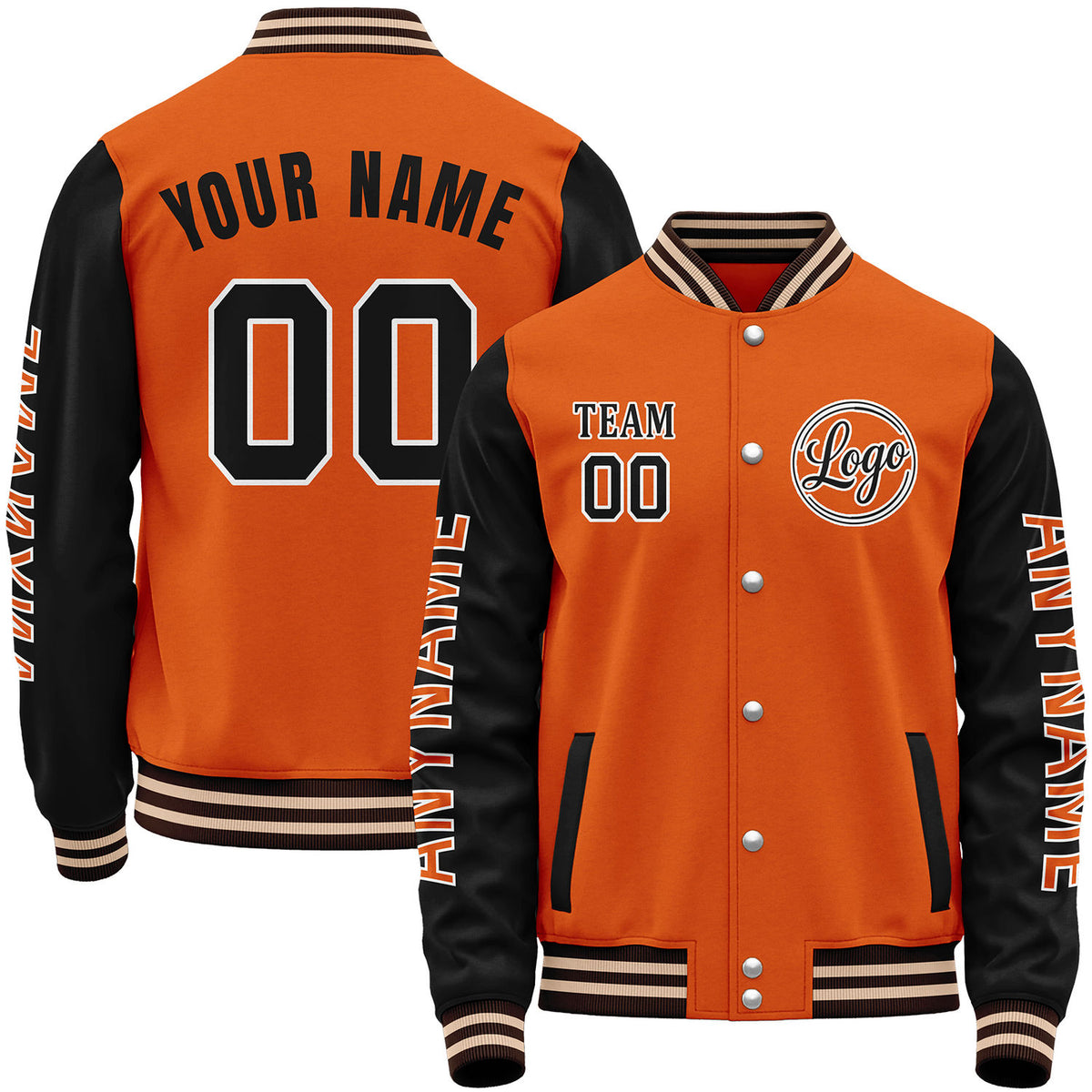 ustom high school team jackets, orange and black varsity bomber jacket, personalized stitched or sublimated name, number, sleeve text and custom logo.