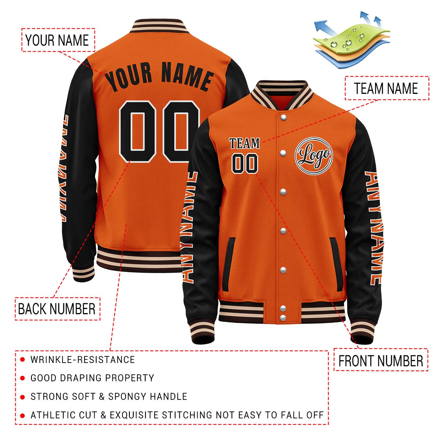 Custom Orange & Black Color Block Varsity Jacket | Personalized Letterman Bomber with Sleeve Text & Logo