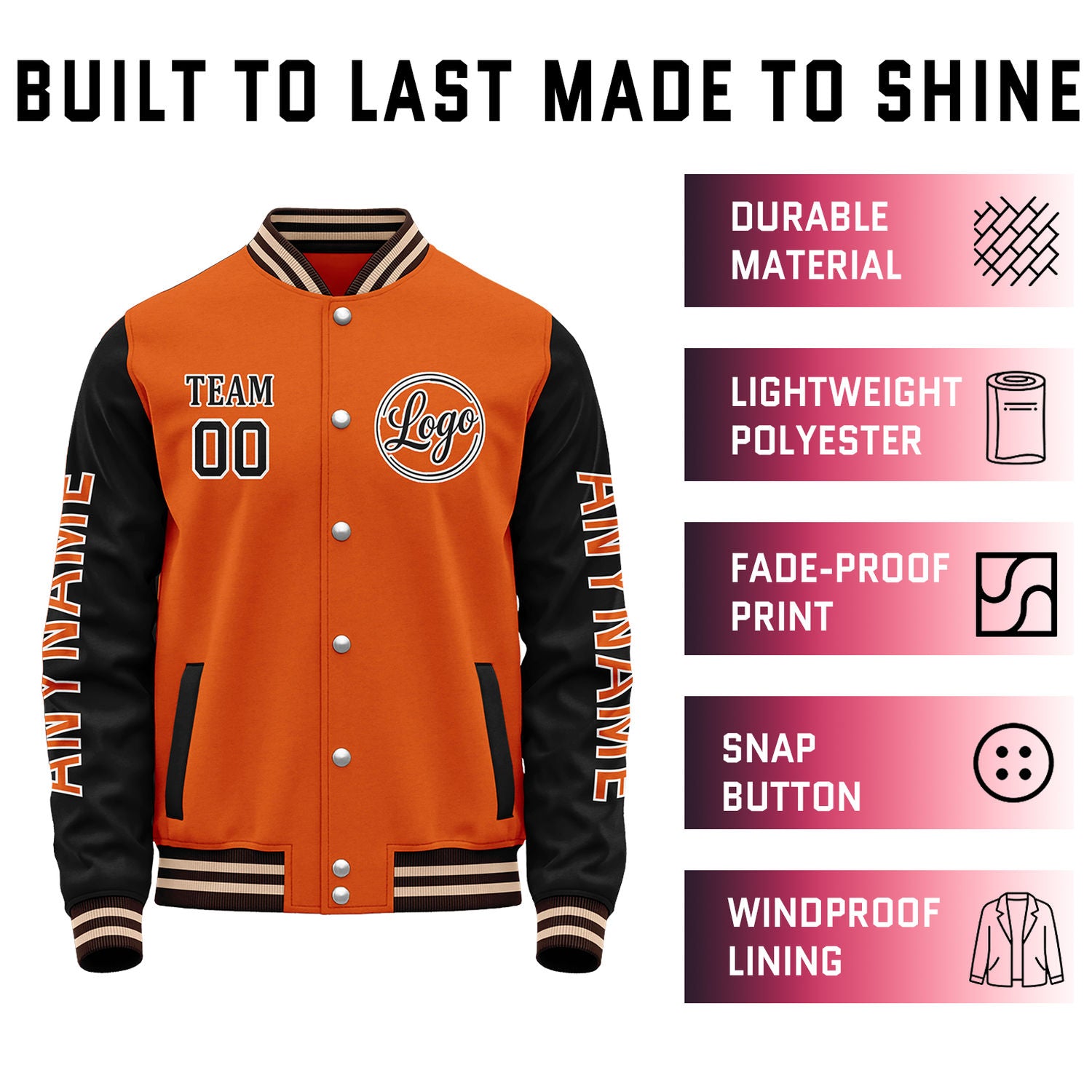 Custom Orange & Black Color Block Varsity Jacket | Personalized Letterman Bomber with Sleeve Text & Logo