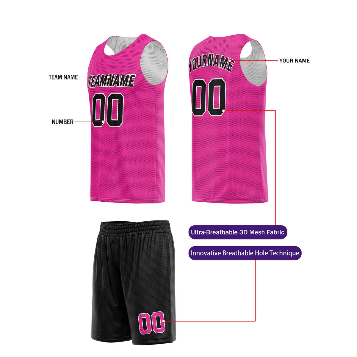 Custom Hot Pink & Black Basketball Jersey + Shorts Set - Personalized Team Name, Number | Vosoli