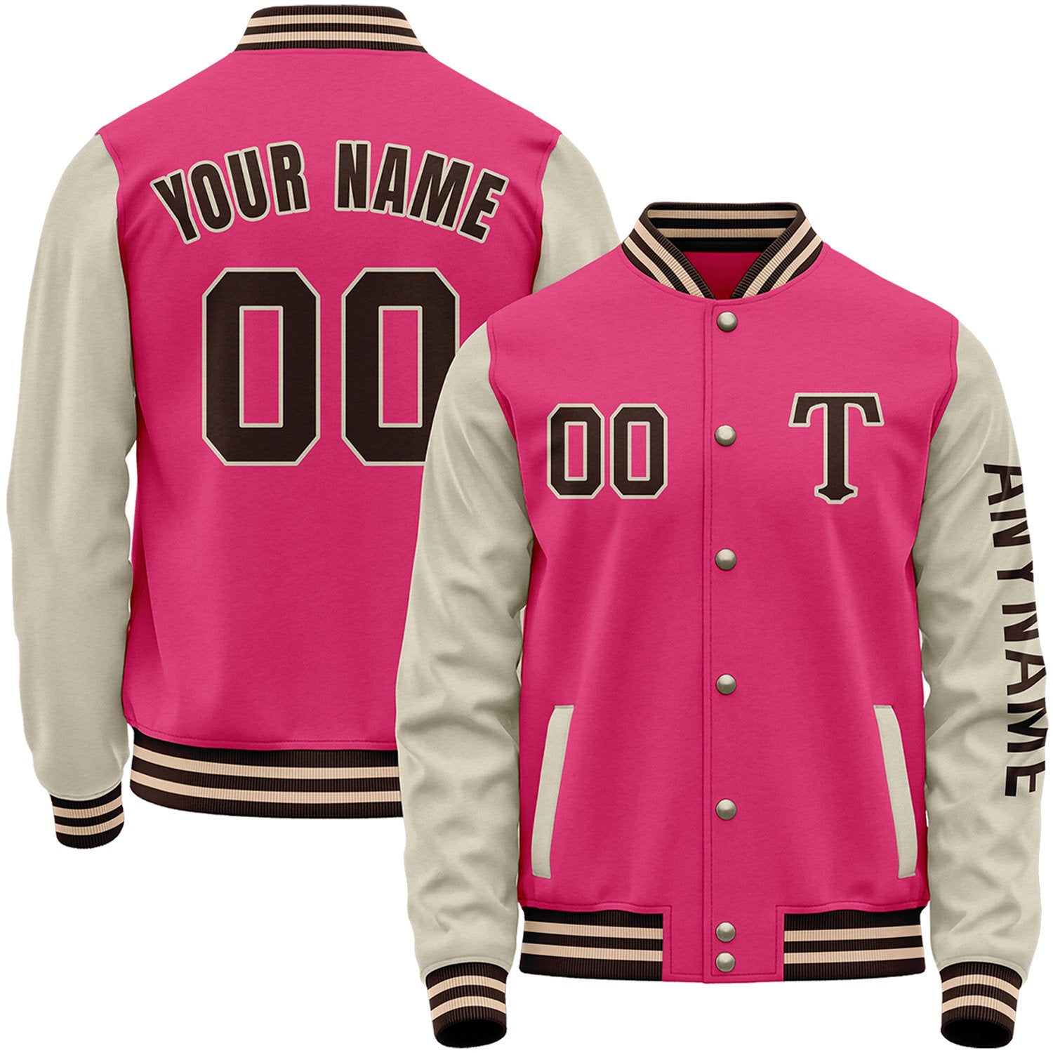 Custom hot pink and cream women's baseball jackets by Vosoli with stitched name, number and logo. Classic varsity jackets for baseball and casual wear.