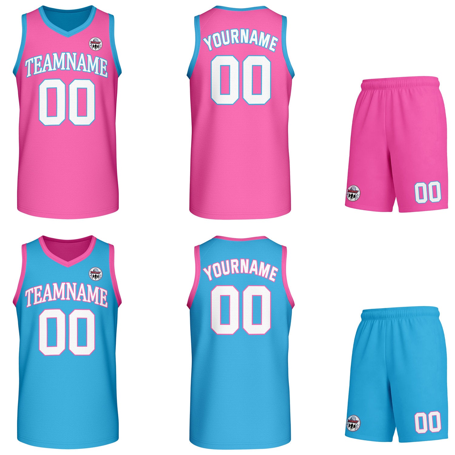 Custom pink & turquoise Reversible basketball uniform set, personalized team name number logo breathable mesh jersey and shorts men women youth game practice - Vosoli