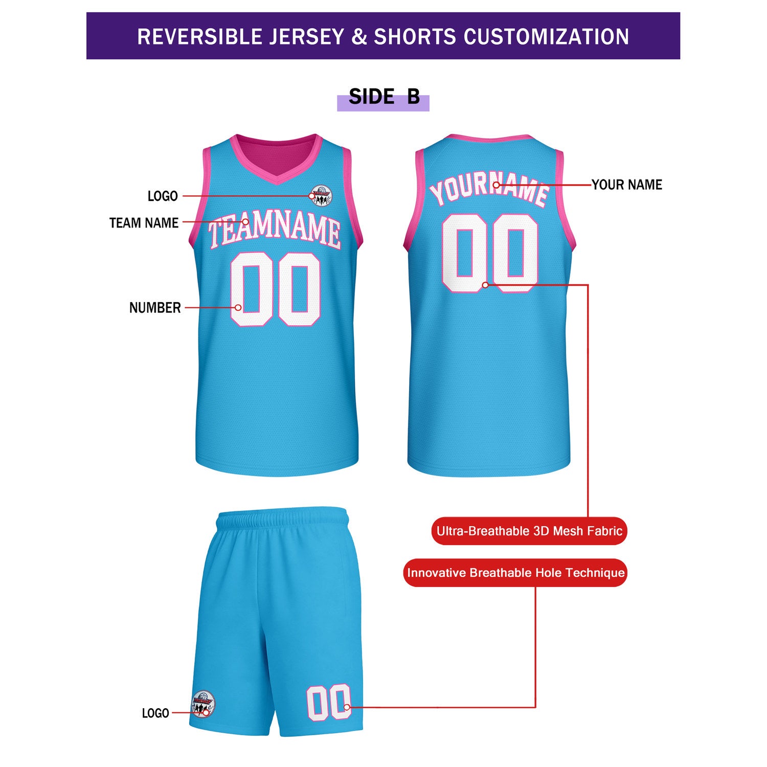 Custom Hot Pink & Turquoise Reversible Basketball Uniform Set | Personalized Team Name & Number - Vosoli
