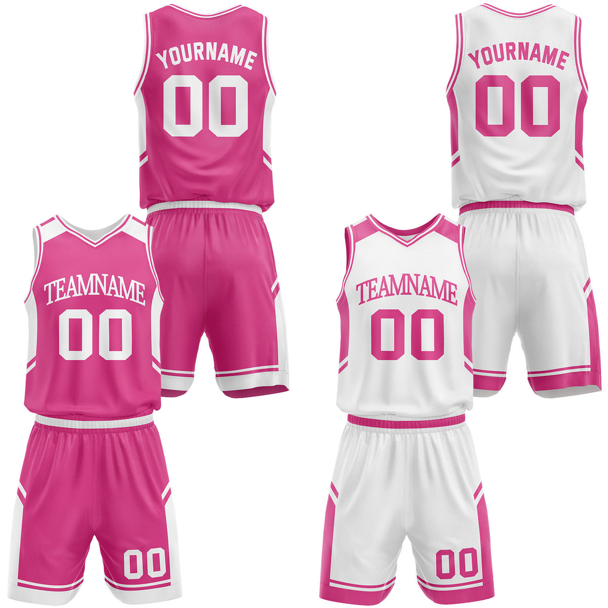 Custom hot pink and white school basketball uniform set, personalized name, number and logo, breathable mesh for youth &amp; adult.