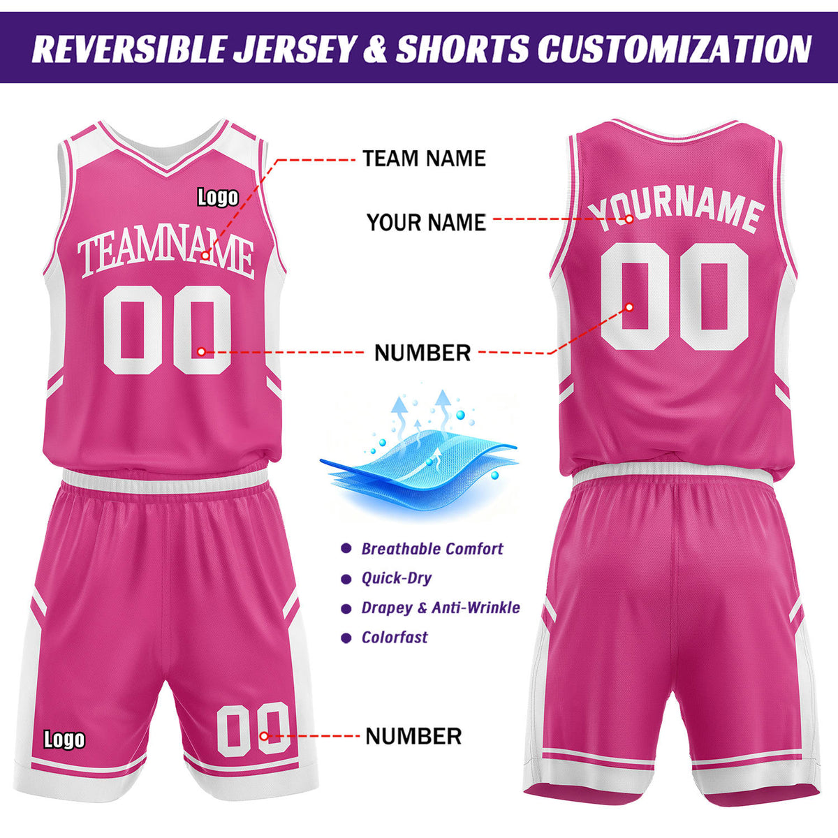 Custom Reversible Basketball Uniform Set | Hot Pink & White V-Neck Sleeveless Jersey & Athletic Shorts
