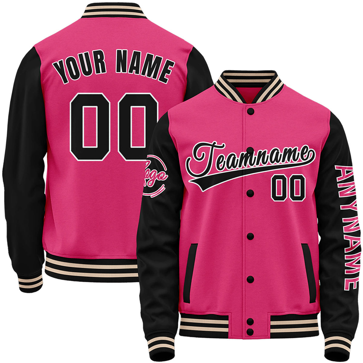 Custom hot pink and black high school girl's jacket by Vosoli with stitched name, number and logo. Classic varsity jacket for baseball and casual wear.