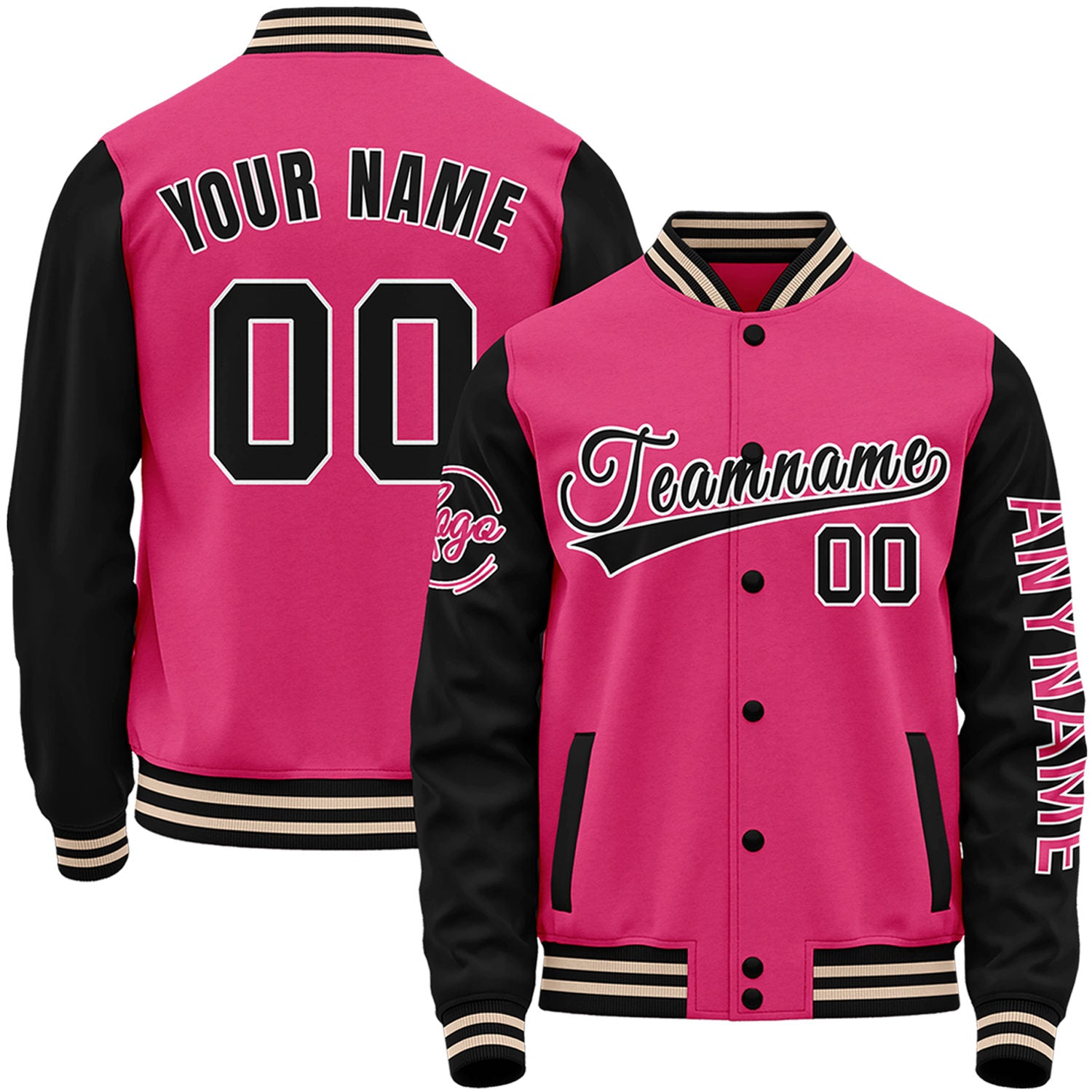 Custom hot pink and black high school girl's jacket by Vosoli with stitched name, number and logo. Classic varsity jacket for baseball and casual wear.