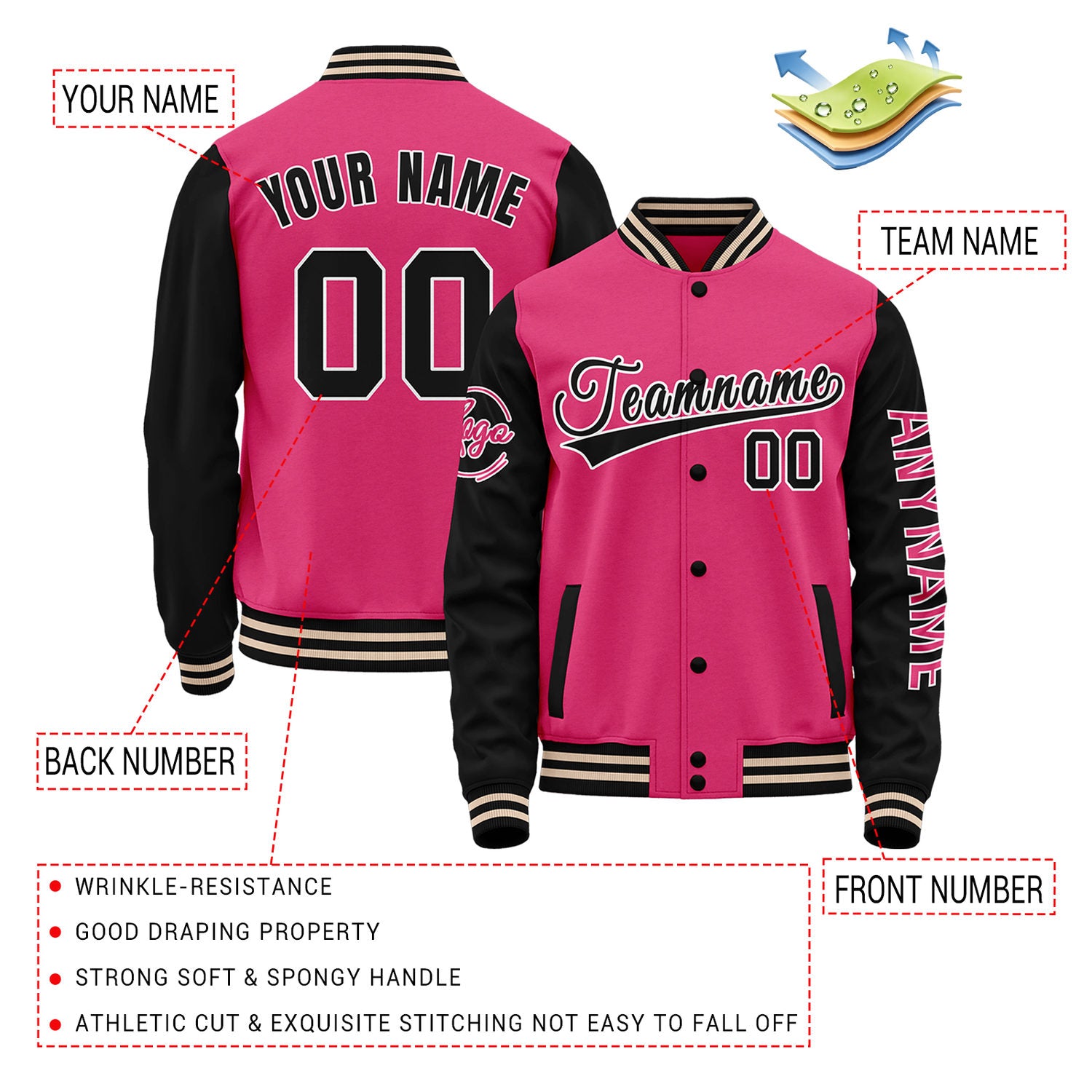 Custom Hot Pink & Black Two Tone Varsity Letterman Jacket | Personalized Stitched Team Name Number Outerwear