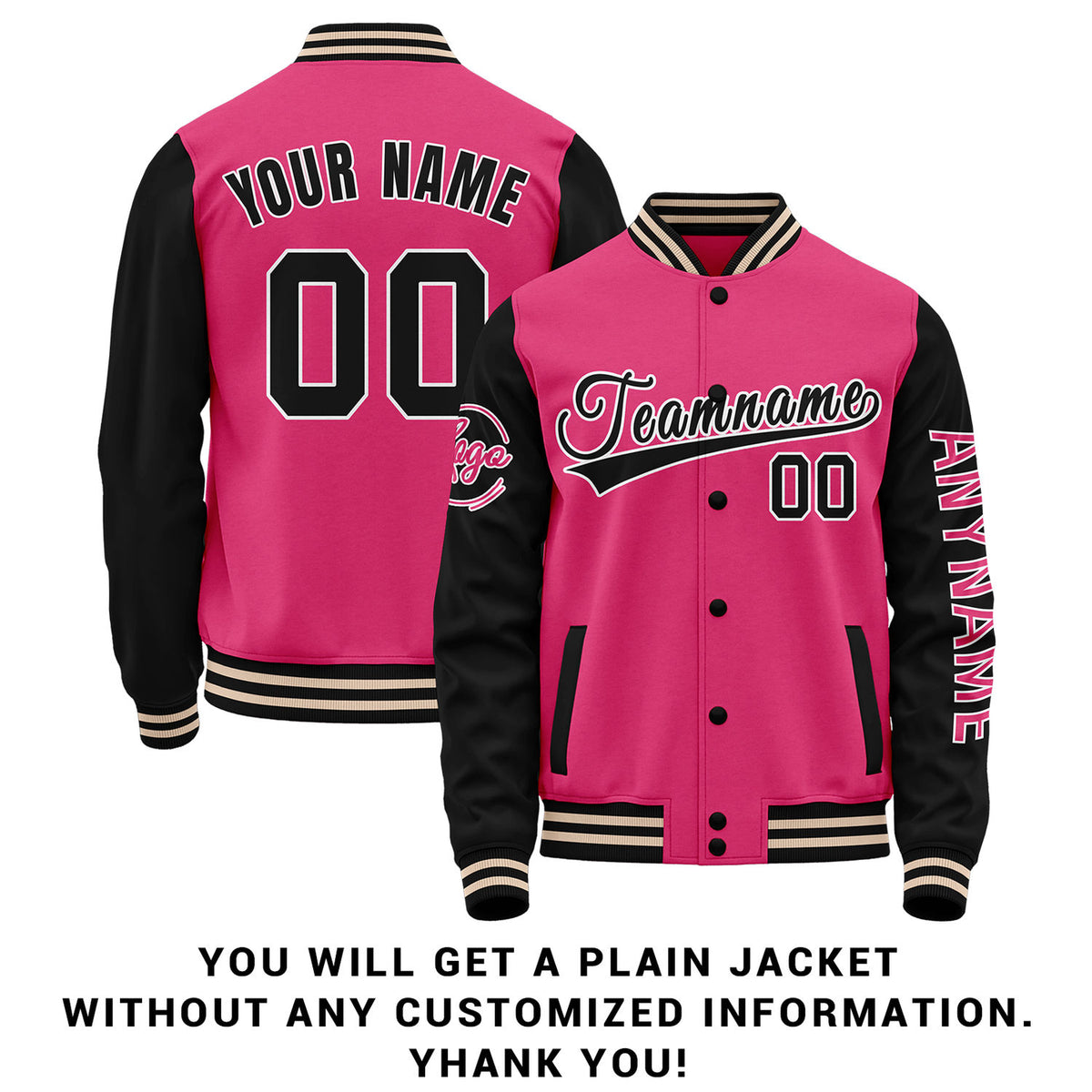 Custom Hot Pink & Black Two Tone Varsity Letterman Jacket | Personalized Stitched Team Name Number Outerwear