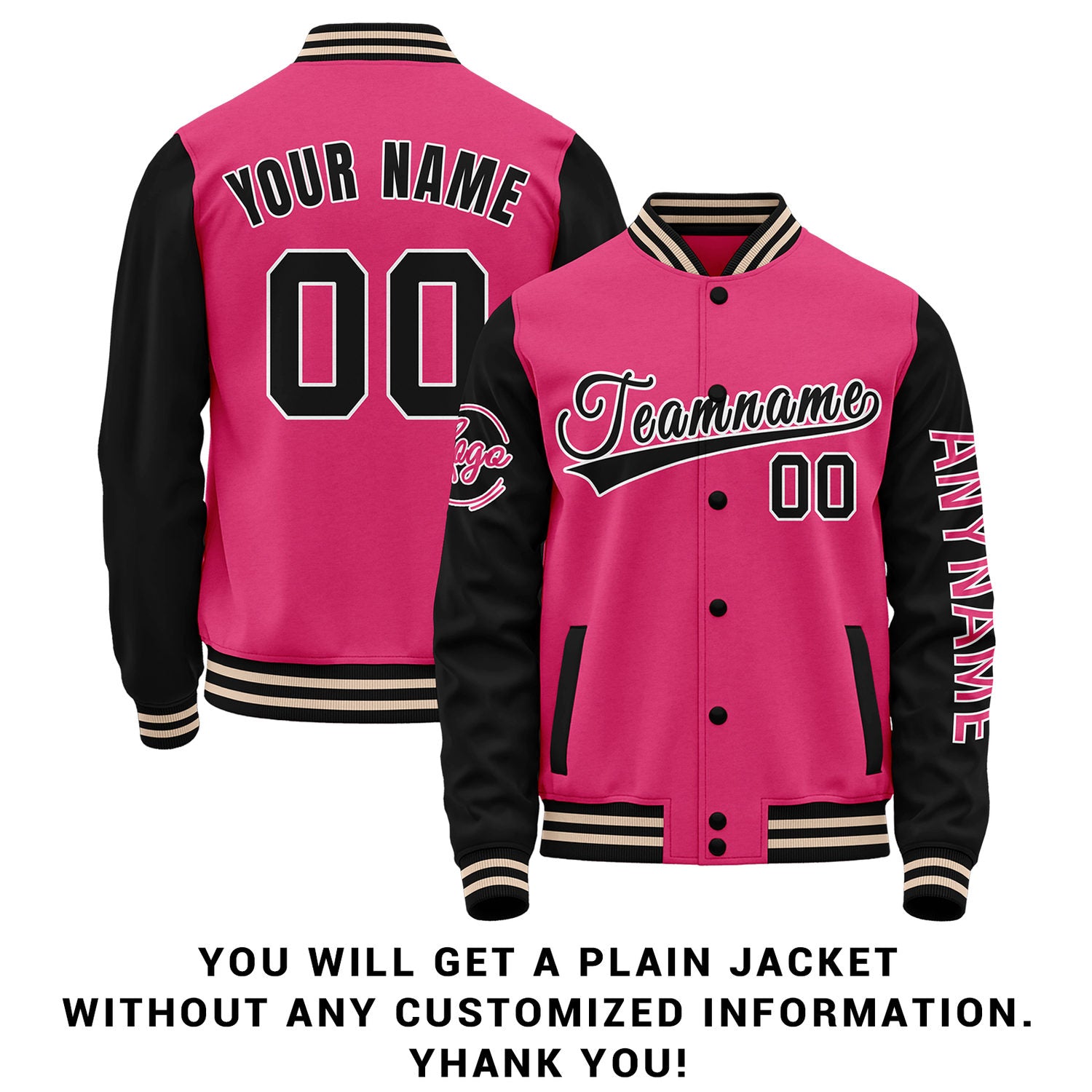 Custom Hot Pink & Black Two Tone Varsity Letterman Jacket | Personalized Stitched Team Name Number Outerwear