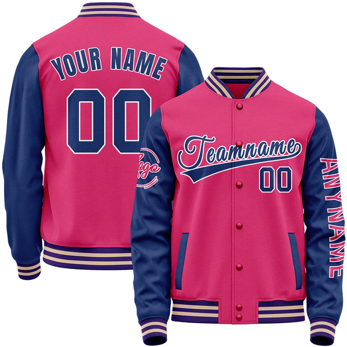 Custom hot pink and navy baseball jackets for women by Vosoli with stitched name, number and logo. Classic varsity jacket for baseball and casual wear.