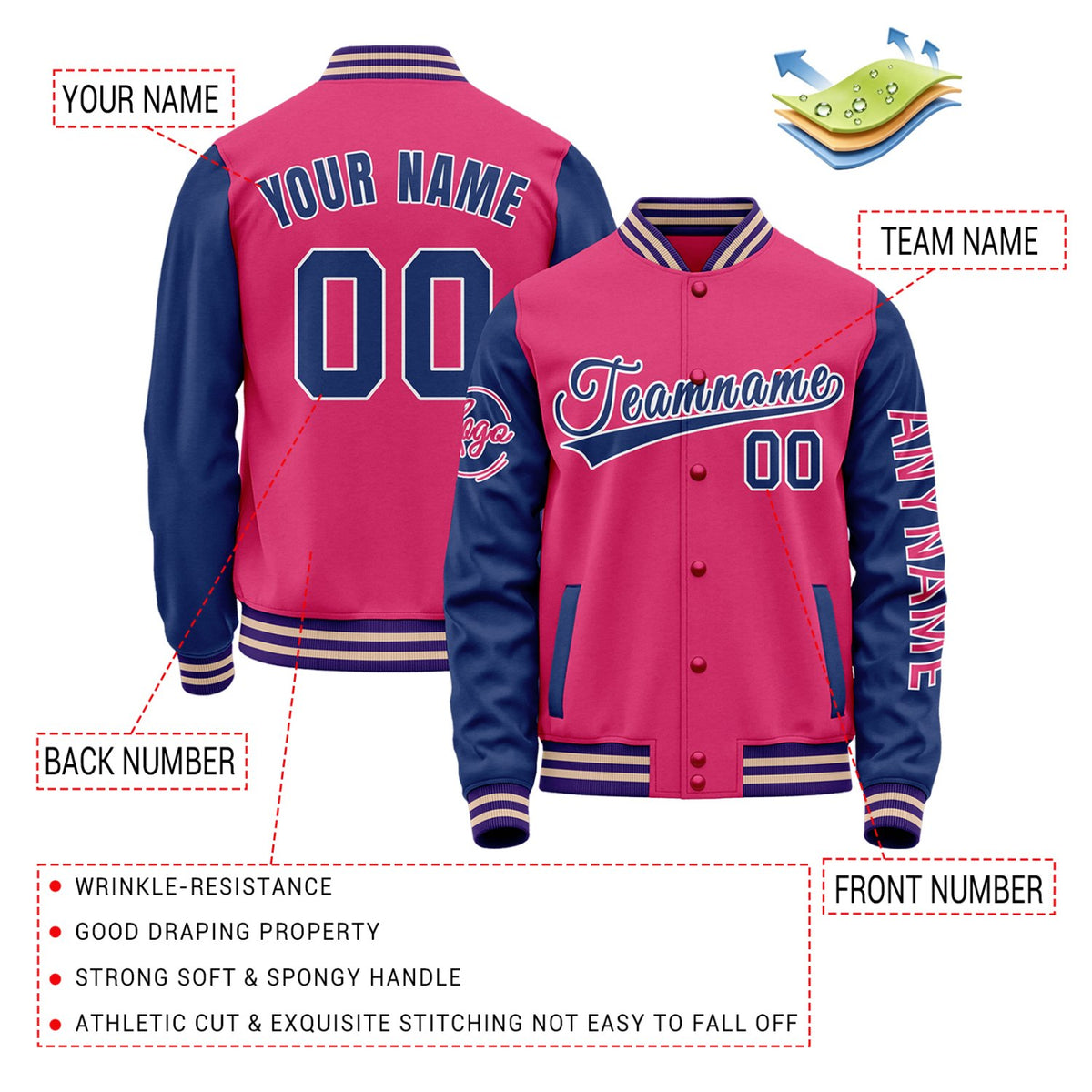 Custom Hot Pink & Navy Two Tone Varsity Letterman Jacket | Personalized Stitched Team Name Number Outerwear