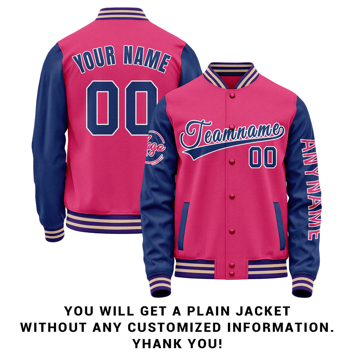 Custom Hot Pink & Navy Two Tone Varsity Letterman Jacket | Personalized Stitched Team Name Number Outerwear