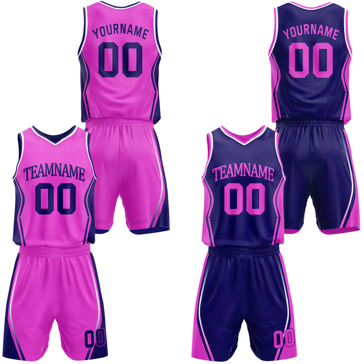 Custom hot pink &amp; navy reversible basketball jersey shorts set by Vosoli | Personalized block team name number geometric uniform sportswear