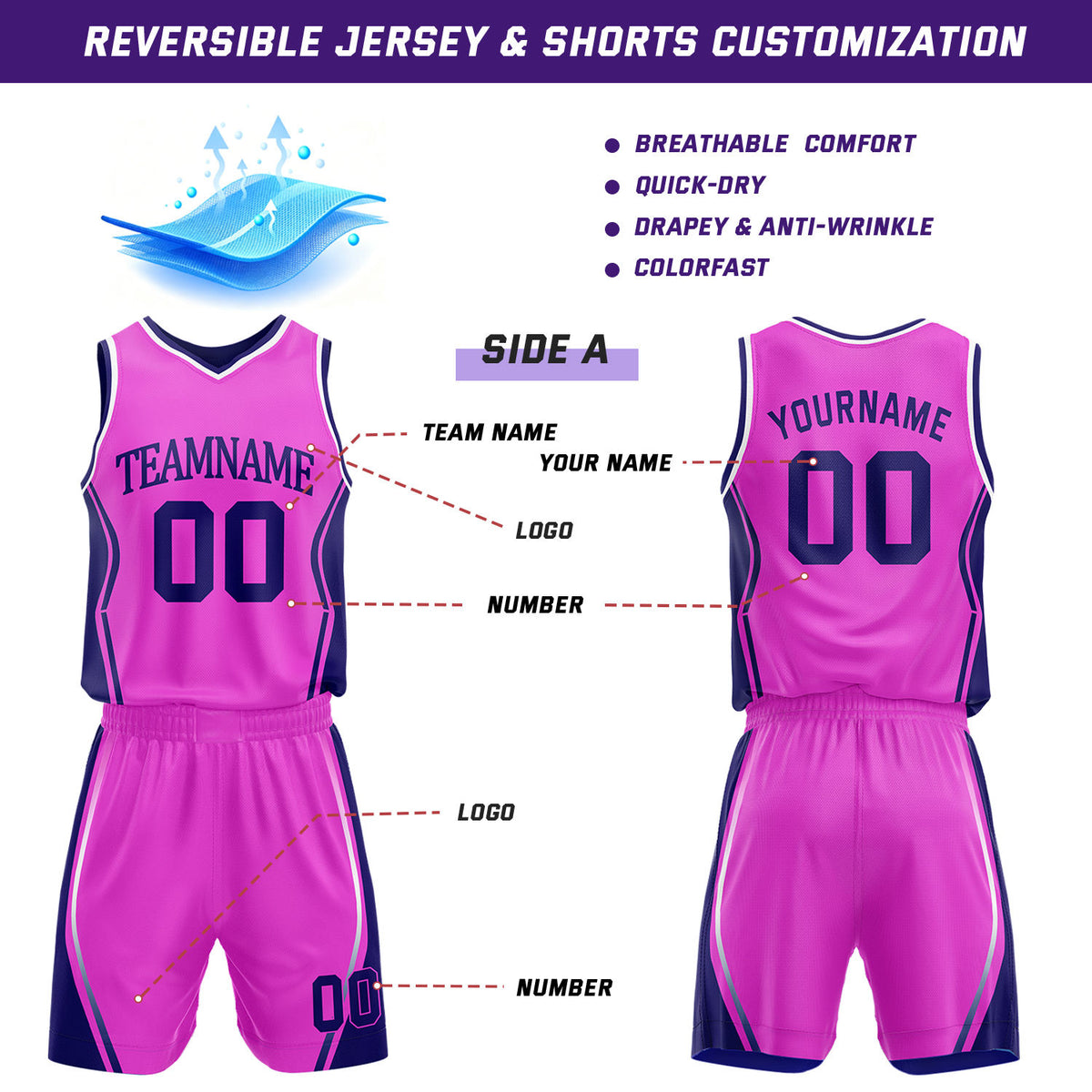 Custom Hot Pink & Navy Reversible Geometric Basketball Jersey Shorts Set | Personalized Team Uniform