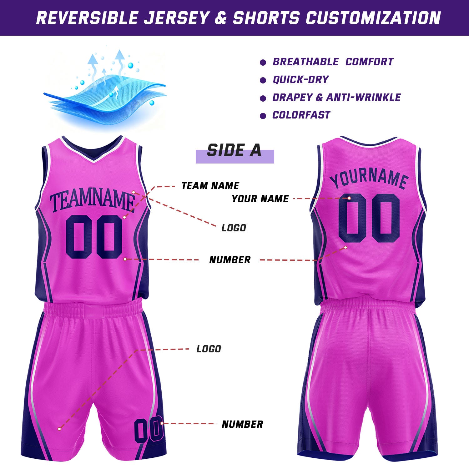 Custom Hot Pink & Navy Reversible Geometric Basketball Jersey Shorts Set | Personalized Team Uniform