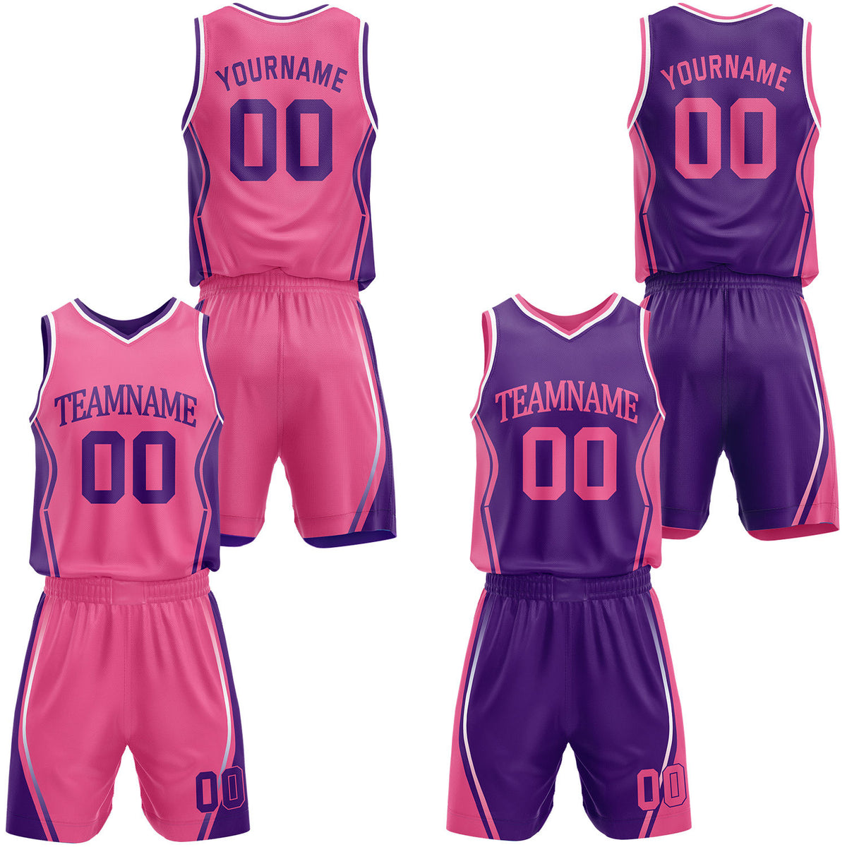 Custom hot pink &amp; purple reversible basketball jersey shorts set by Vosoli | Personalized block team name number geometric uniform sportswear