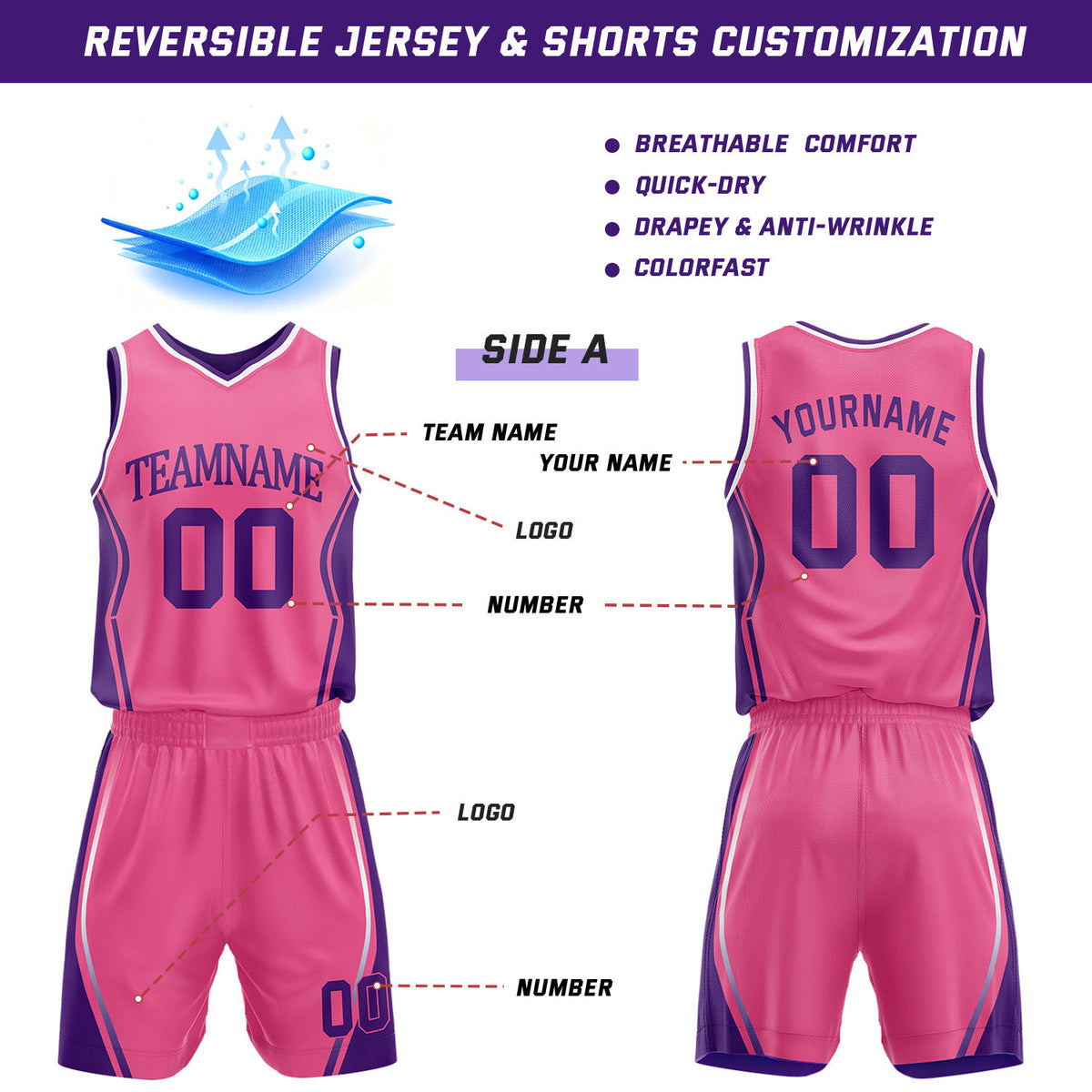 Custom Hot Pink & Purple Reversible Geometric Basketball Jersey Shorts Set | Personalized Team Uniform