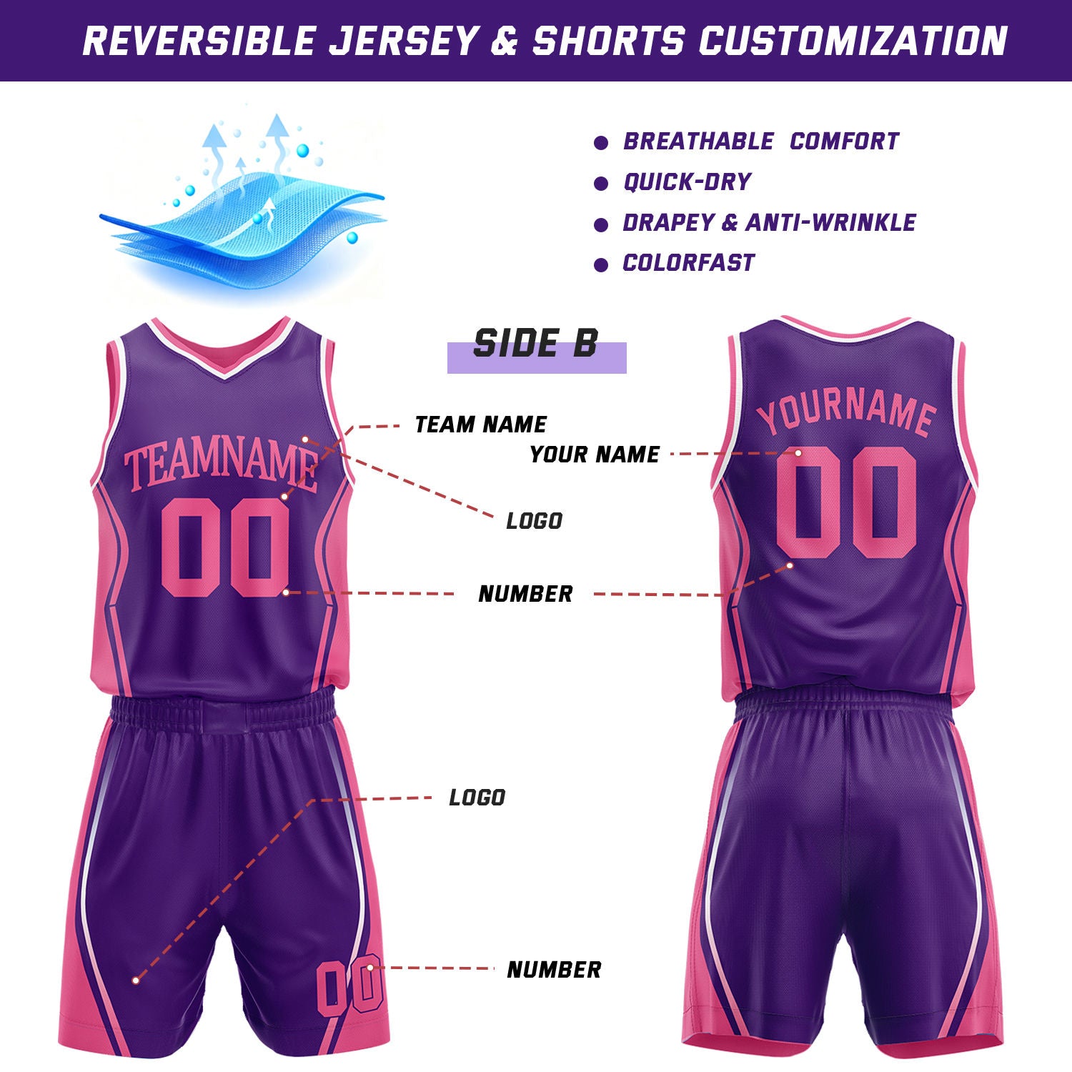 Custom Hot Pink & Purple Reversible Geometric Basketball Jersey Shorts Set | Personalized Team Uniform