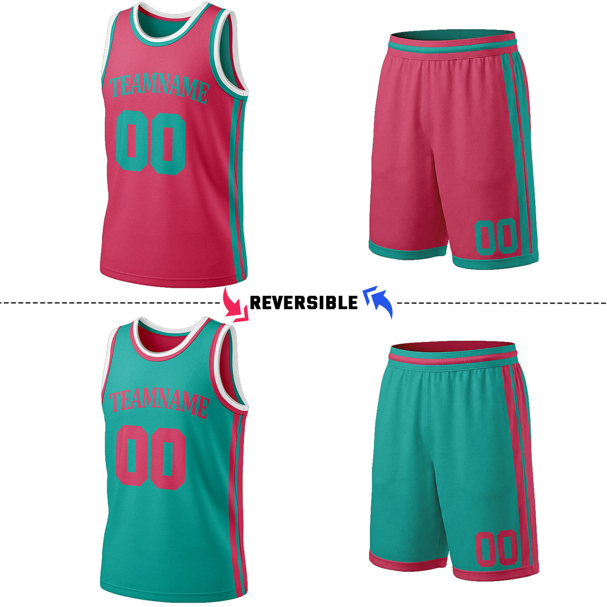 Custom Hot Pink & Teal Reversible Basketball Jersey Shorts Set | Personalized Full Team Uniform