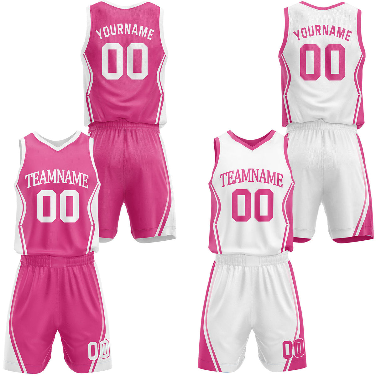 Custom hot pink &amp; white reversible basketball jersey shorts set by Vosoli | Personalized block team name number geometric uniform sportswear