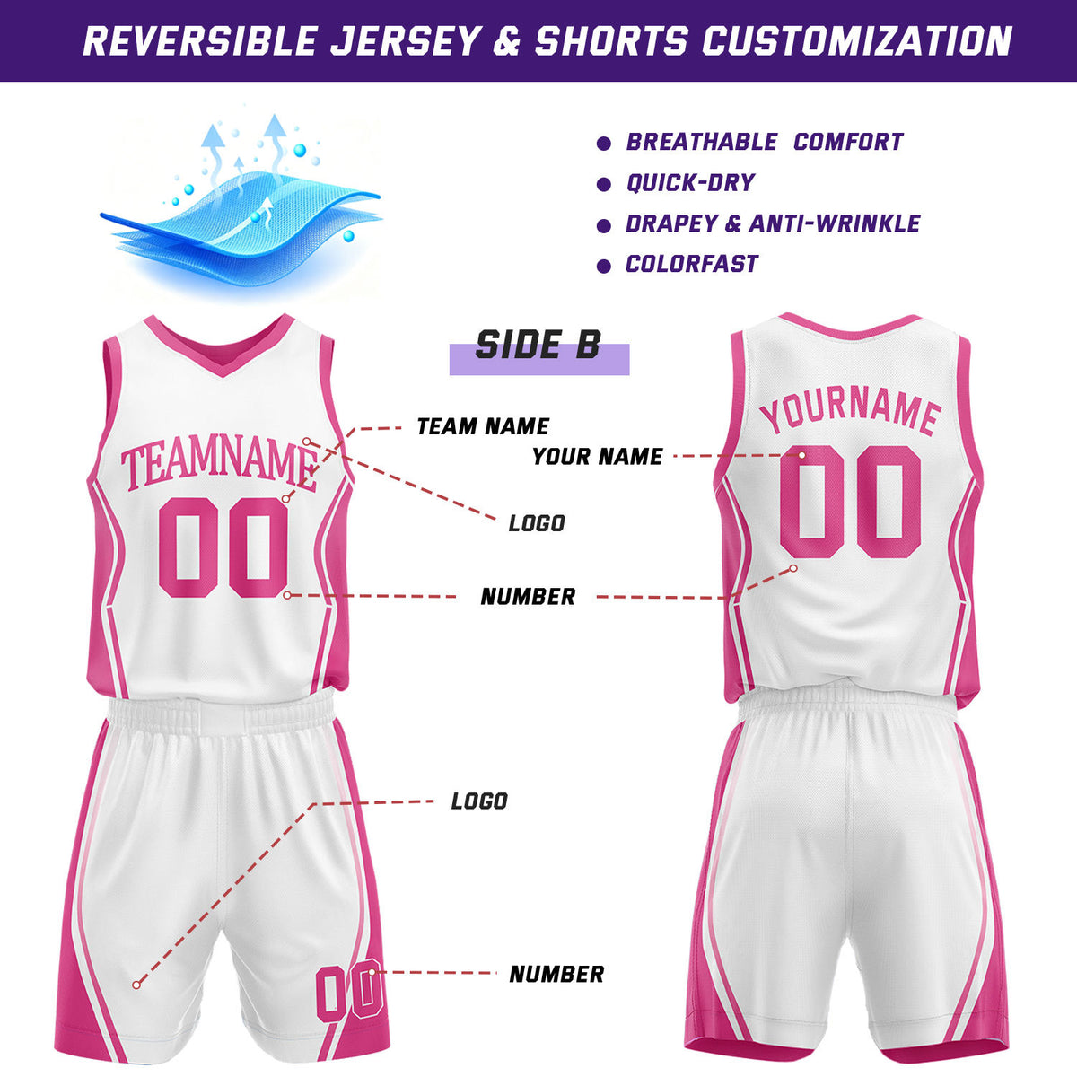 Custom Hot Pink & White Reversible Geometric Basketball Jersey Shorts Set | Personalized Team Uniform